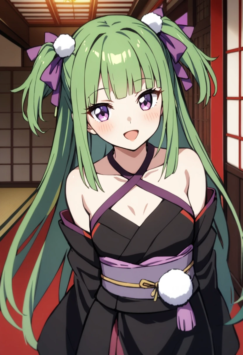 1girl, :d, architecture, bare shoulders, black kimono, blunt bangs, blunt ends, blush, breasts, criss-cross halter, east asian architecture, eyelashes, fingernails, floating hair, green hair, hair between eyes, hair ornament, hair ribbon, purple ribbon, halterneck, hime cut, indoors, long ribbon, japanese clothes, kimono, long hair, long sleeves, looking at viewer, pom pom (clothes), purple eyes, ribbon, ribbon, sidelocks, simple background, small breasts, smile, solo, straight hair, two side up, upper body, very long hair, wide sleeves, head tilt, arms behind back, two side up, medium shot, close-up,
masterpiece, best quality,
