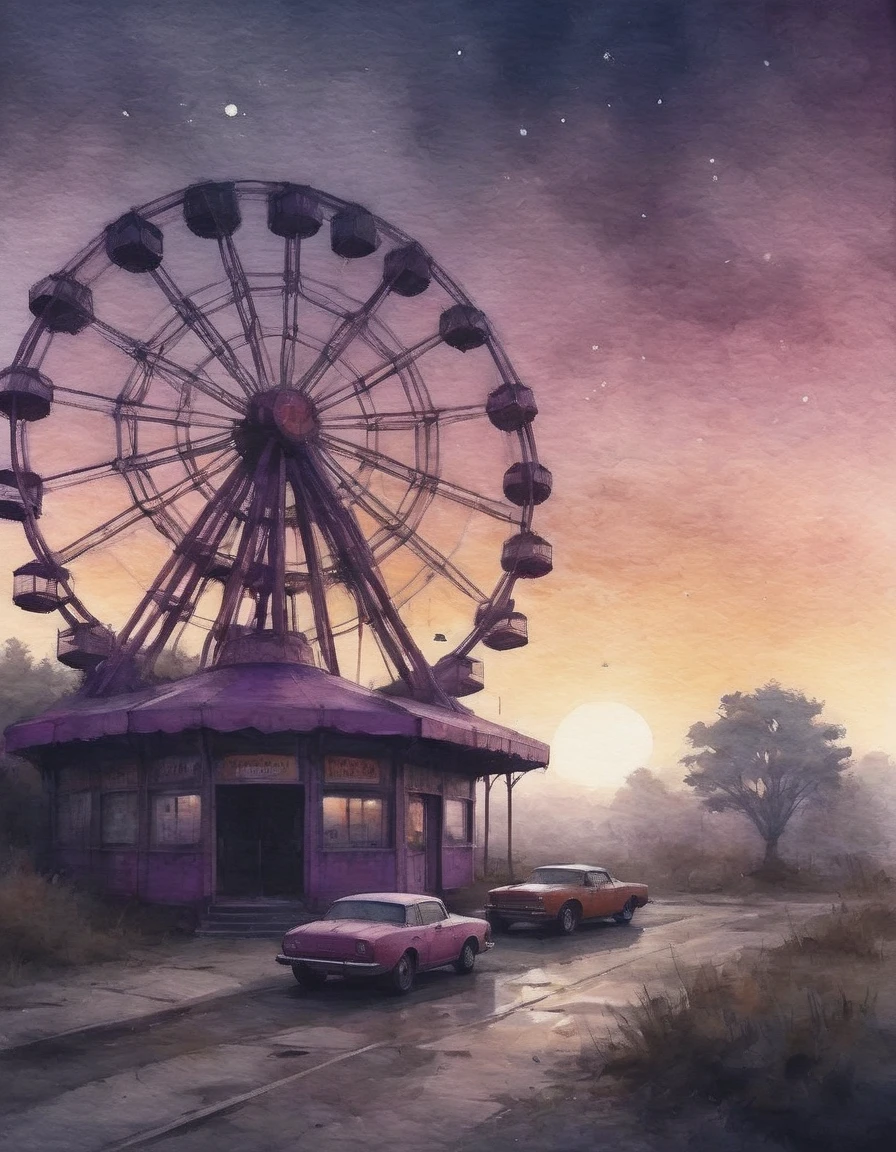 An abandoned amusement park at twilight, the silhouettes of motionless rides against a purpling sky