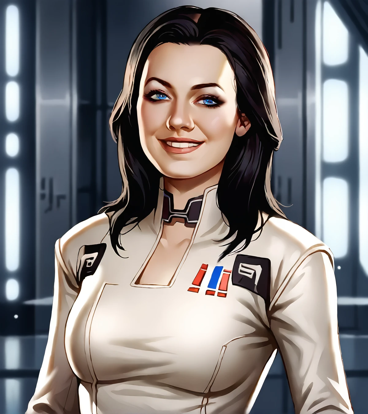 source_9,       <lora:Imperial_Uniform_Star_Wars:.5> Imperial Uniform, khaki uniform,  smile,   <lora:MirandaXL_2:1> 1girl, miranda, black hair, long hair, blue eyes <lora:fugtrup-guy-PONYv101:.75>