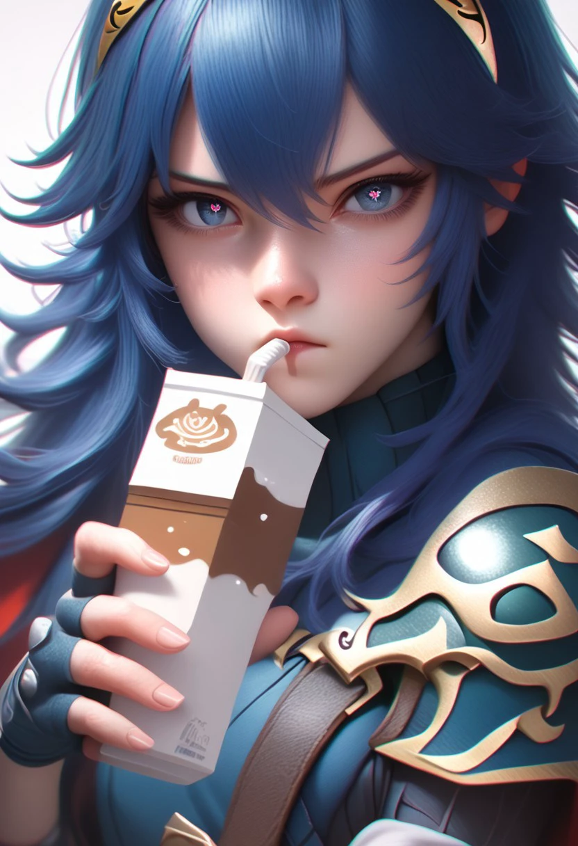 EnD_CGI Style, lucina \(fire emblem\), 1girl, solo, armor, blue hair, brand of the exalt, cape, chocolate milk, drinking, drinking straw, fingerless gloves, fingernails, gloves, long hair, looking at viewer, milk carton, muted color, shoulder armor, shoulder belt, simple background, solo, symbol-shaped pupils, tiara, upper body, white background, realistic, score_9, score_8_up, score_7_up, score_6_up, score_5_up, score_4_up,