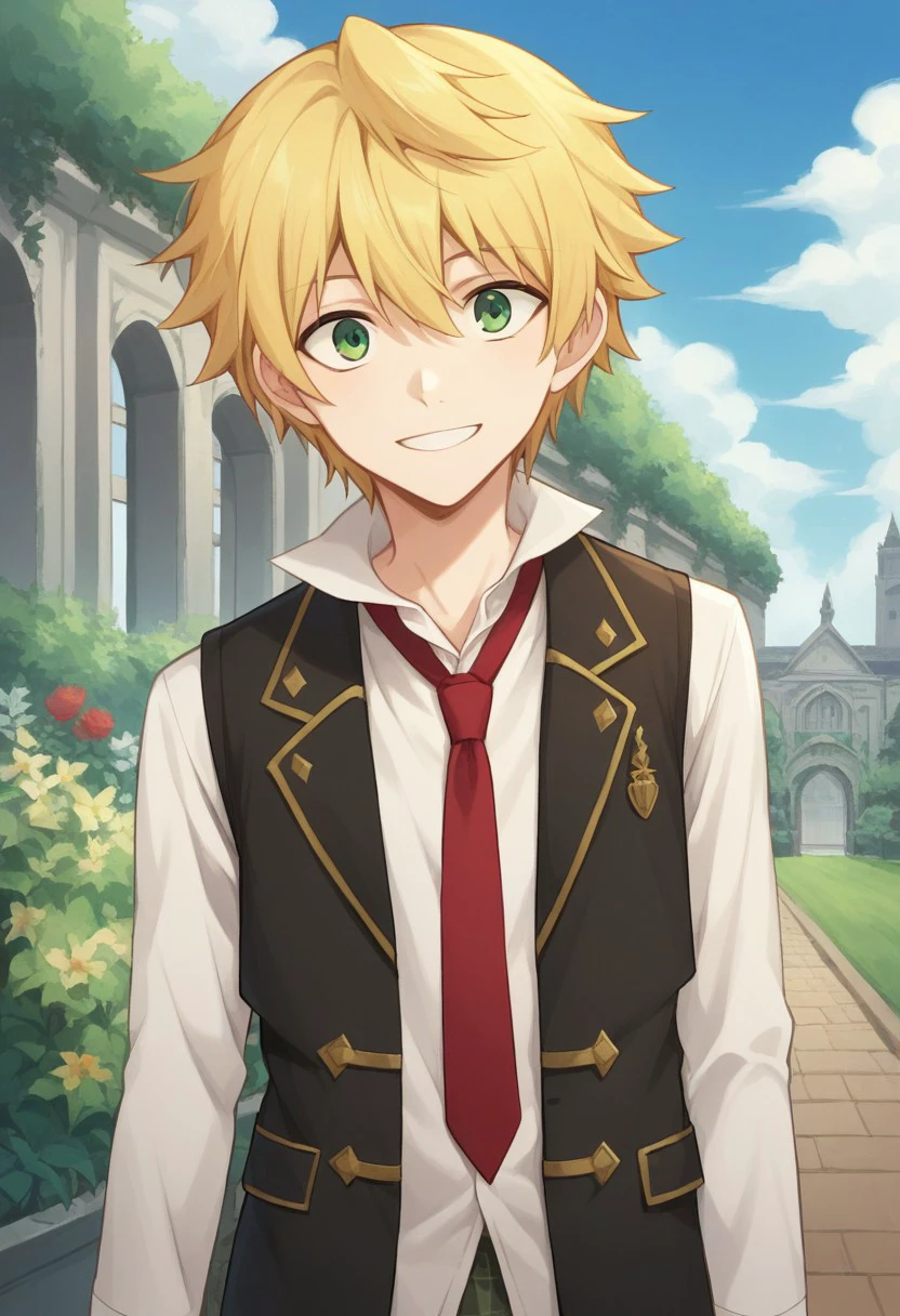 score_9, score_8_up, source_anime, highly detailed, 
oz, 1boy, blonde hair, male focus, green eyes, necktie, red necktie, shorts,  smile, vest,
solo, shirt, white shirt, collared shirt, upper body,
outdoor, sky, garden, mansion,