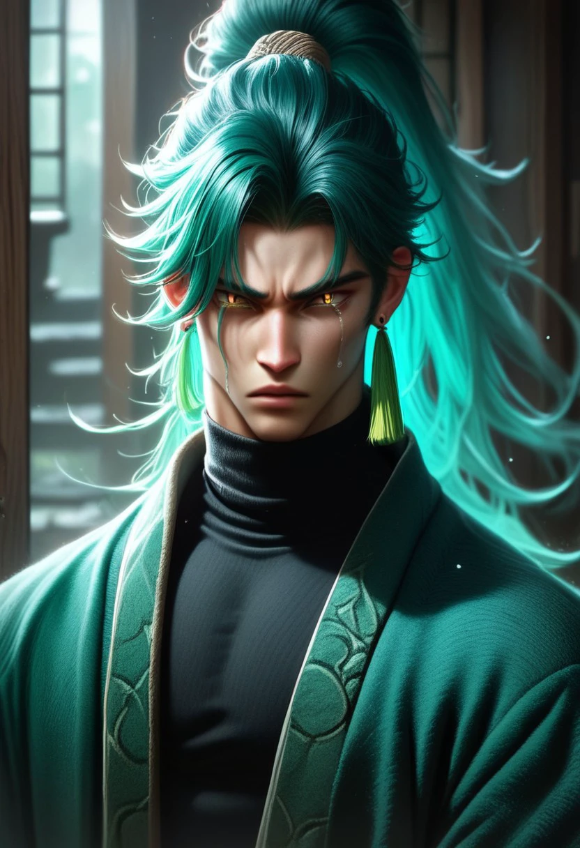 EnD_CGI Style, jiyan \(wuthering waves\), 1boy, black shirt, earrings, teal hair, green robe, crying, green tassel, high ponytail, jewelry, long hair, looking at viewer, male focus, parted lips, robe, robe partially removed, shirt, slit pupils, solo, toned, toned male, turtleneck, turtleneck shirt, upper body, yellow eyes , realistic, score_9, score_8_up, score_7_up, score_6_up, score_5_up, score_4_up,