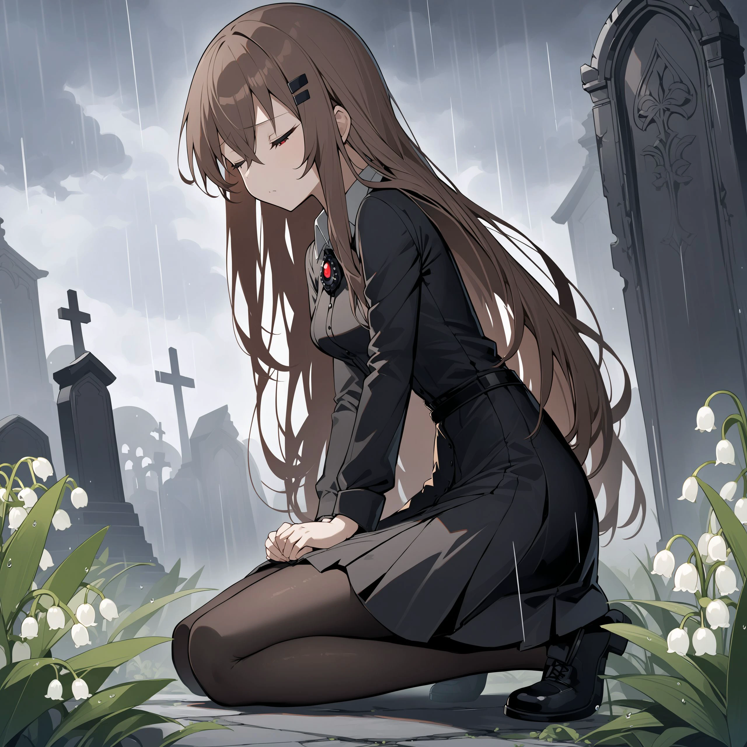 score_max, (score_9, score_8_up, score_7_up:1.2), score_6_up, official art,
masterpiece, absurdres, high detail, 8k,
graveyard, grave, cloudy sky, grey sky, rain, Lily of the valley, from side,
standing, holding flower, expressionless, sad,
marfusha, long hair, brown hair, red eyes, hairclip, brooch, black dress, collared shirt, long sleeves, black pantyhose, black footwear
<lora:XL_Pony_game-marfushasg-marfusha-t1:1.0>