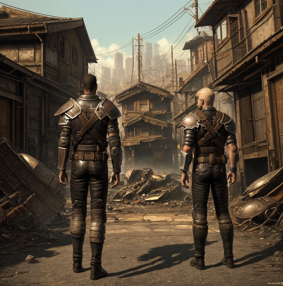 <lora:Fallout_Leather_Armor:0.74> FalloutLeather, leather armor, armor, male, handsome, blonde hair, view from behind, destroyed neighborhood, houses in background, ruined car, blue aky, shadows, detailed shadows, medium shot, behind, leather boots, rear view, full body, person far from camera, best quality, masterpiece, detailed, 8K, uhd, (extremely detailed CG unity 8k wallpaper),(masterpiece), (best quality), (ultra-detailed), (best illustration), detailed face, skin pores, detailed skin, detailed eyes, high quality eyes, good quality hands, high resolution, great anatomy