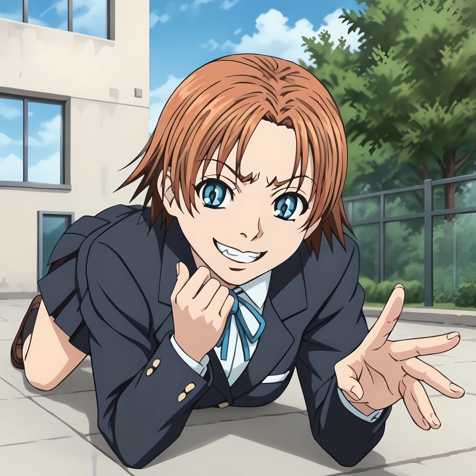 <lora:JoshiAoyamaXLpony002>,
looking at viewer,grin,
solo,
JoshiAoyama,1girl,orange hair,short hair,blue eyes,
school_uniform,blazer,
pleated_skirt,black skirt,
outdoors,
full body,on stomach,the_pose,