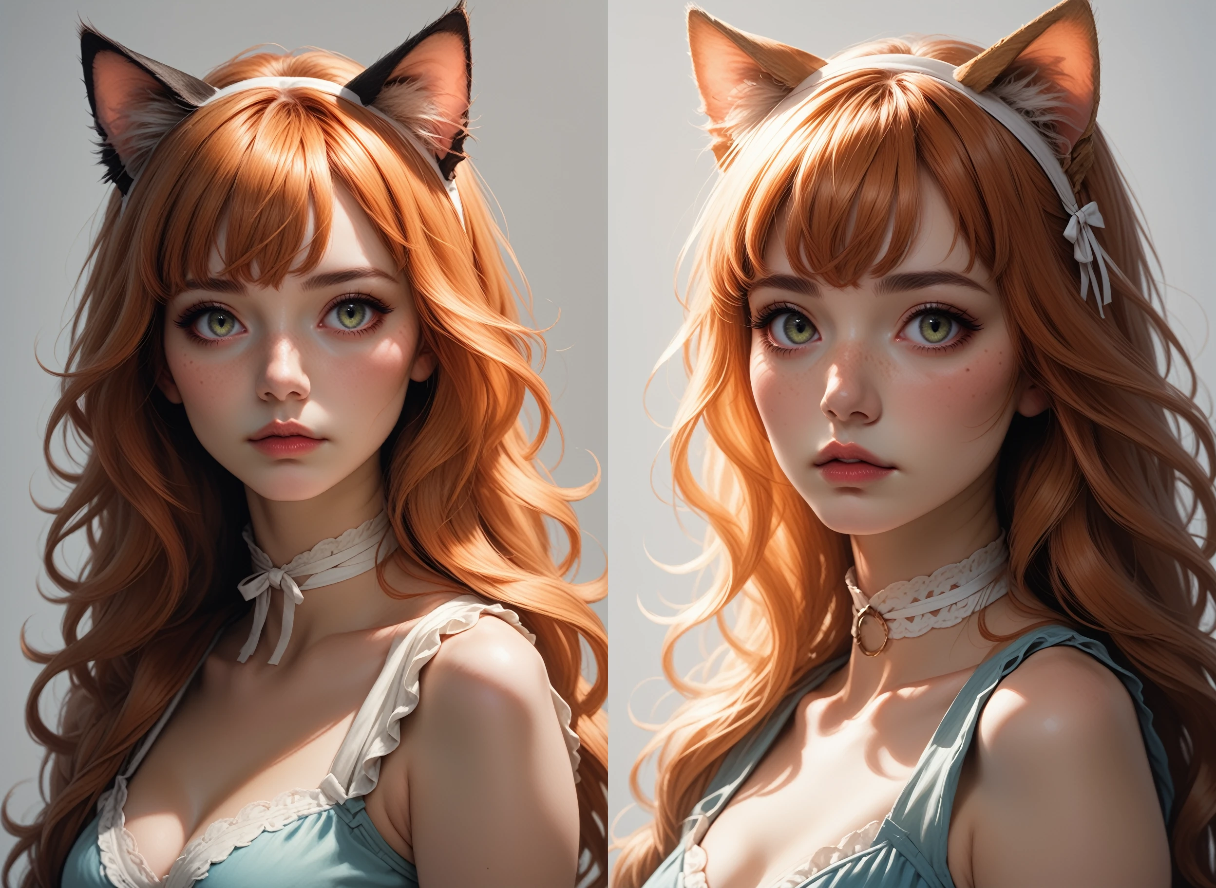 ASCII, photorealistic, OLED, score_9, score_8_up, score_7_up, score_6_up, 1girl, green eyes, soft freckles, copper hair, bangs, strands of hair falling over the face, long hair, cat ears, ((half body, eyes view)), medium breasts, simple grey background  <lora:SnowFoxeij-000006:0.5>, white ribbon choker, looking to viewer, cute face, blue summer dress, cat tail