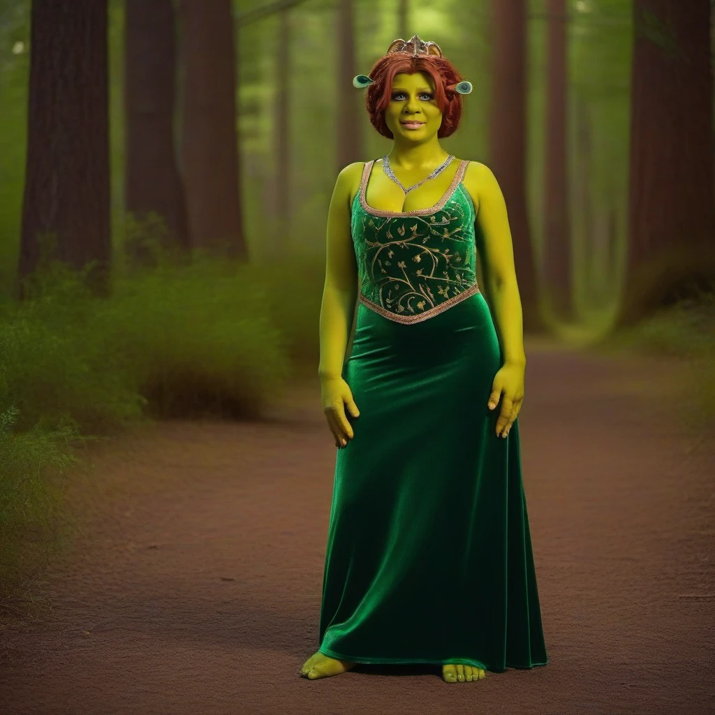 cinematic photo a full body portrait of green ogre woman wearing a necklace and a tiara on their head, ((green skin)), green hands, green feet, long dress, cleavage, large breast, bare feet,  in the forest <lora:Fiona1024:0.8> . 35mm photograph, film, bokeh, professional, 4k, highly detailed