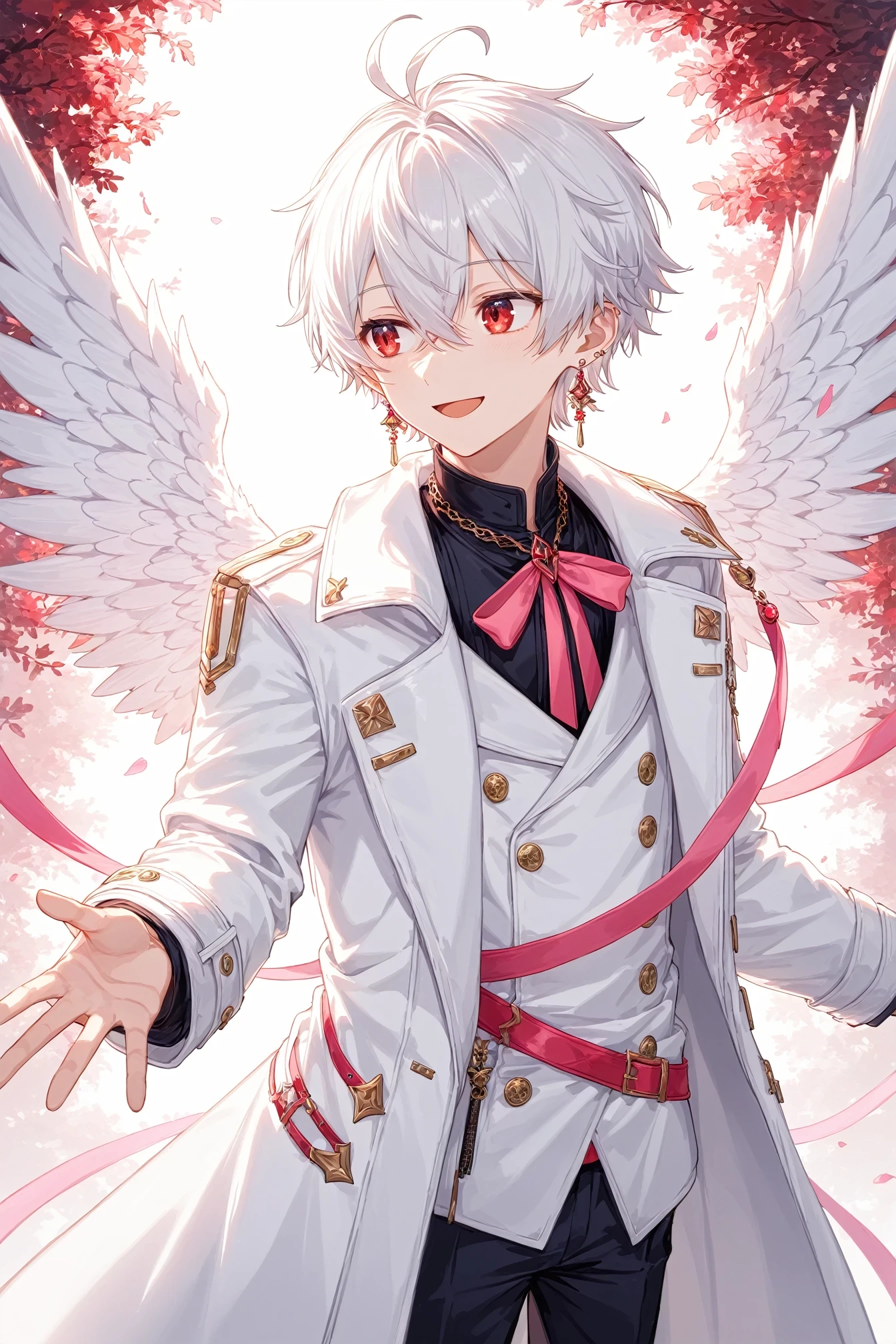 1boy, solo, :d, antenna hair, coat, earrings, hair between eyes, jewelry, looking to the side, open mouth, pink ribbon, red eyes, ribbon, short hair, smile, standing, white coat, white hair, white wings, wings