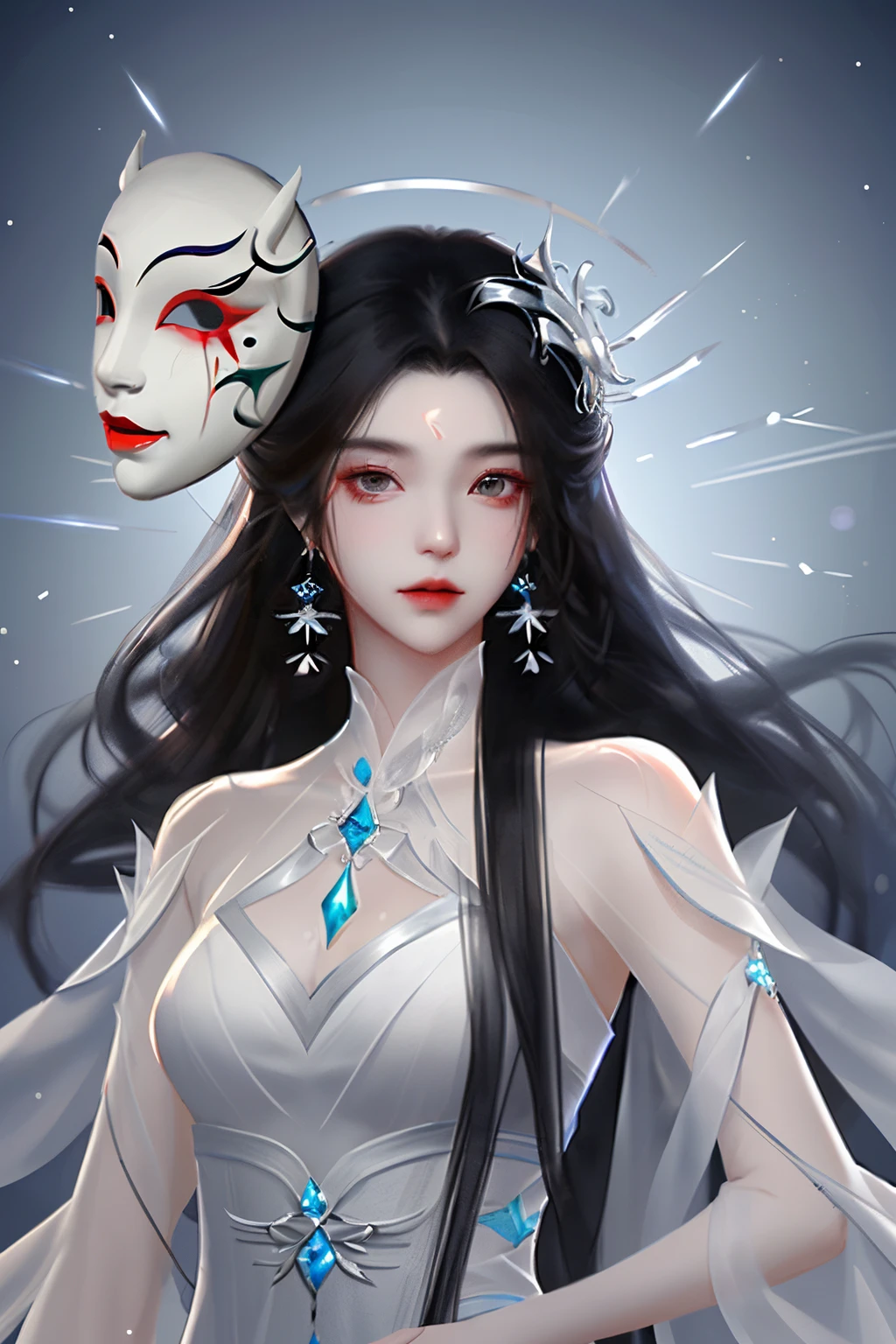 <lora:HrenFanart:0.9>,henrendadi,Fanart,1girl,earrings,mask,long hair,jewelry,black hair,hair ornament,upper body,forehead mark,solo,facial mark,dress,white dress,looking at viewer,expressionless,