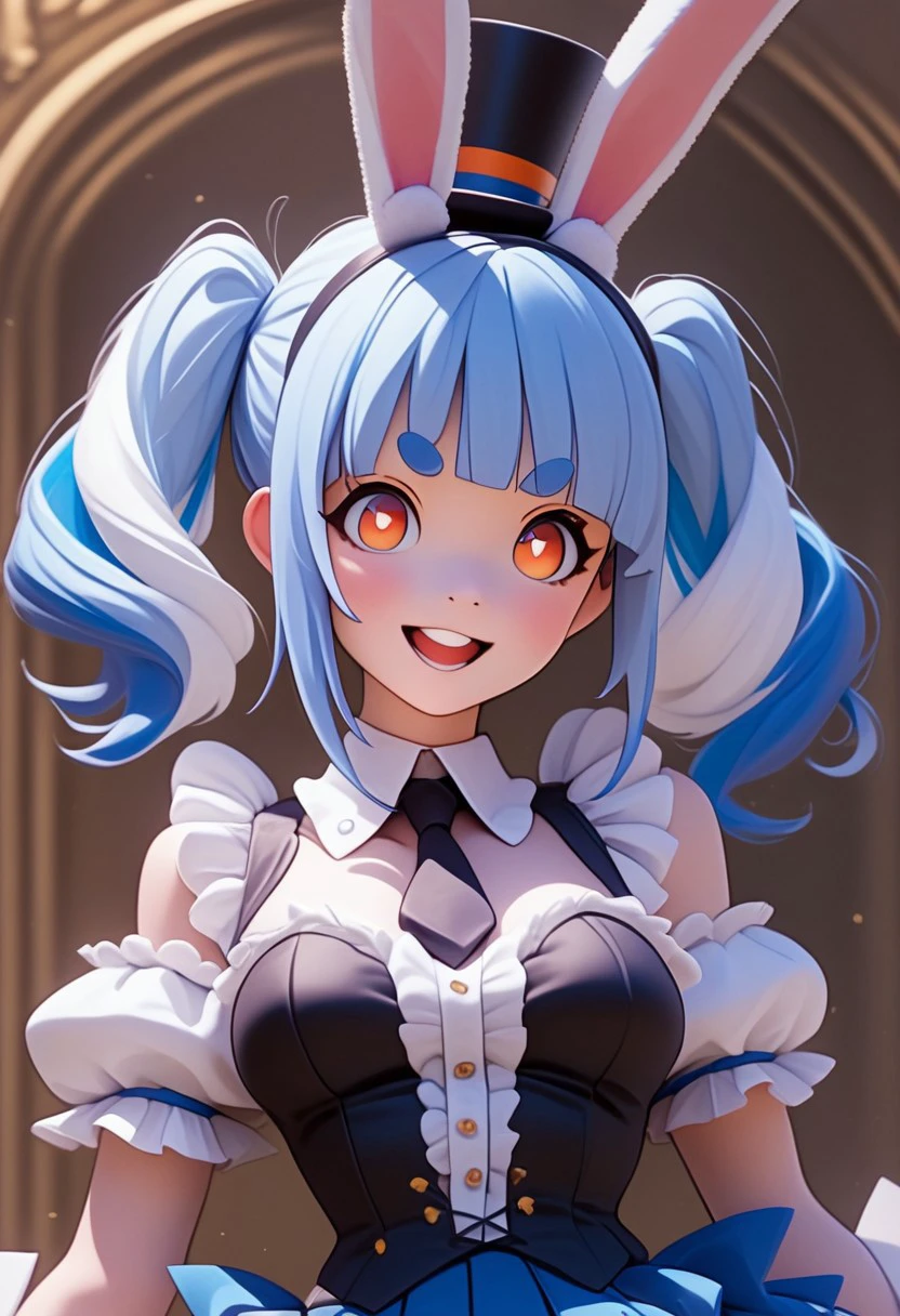 EnD_CGI Style, usada pekora, usada pekora \(furi furi bunny dress\), 1girl, :d, animal ear hairband, animal ears, black dress, black hairband, black hat, black necktie, blue hair, blue skirt, blunt bangs, breasts, breasts apart, center frills, detached collar, detached sleeves, dress, fake animal ears, frilled dress, frills, hairband, hat, looking at viewer, medium breasts, medium hair, mini hat, mini top hat, multicolored hair, necktie, official alternate costume, official alternate hairstyle, open mouth, orange eyes, pleated skirt, puffy detached sleeves, puffy short sleeves, puffy sleeves, rabbit-shaped pupils, rabbit ear hairband, rabbit ears, short dress, short eyebrows, short necktie, short sleeves, skirt, sleeveless, sleeveless dress, smile, solo, streaked hair, symbol-shaped pupils, teeth, thick eyebrows, tilted headwear, top hat, twintails, two-tone hair, upper body, upper teeth only, white hair, white sleeves, wrist cuffs, portrait, score_9, score_8_up, score_7_up, score_6_up, score_5_up, score_4_up,