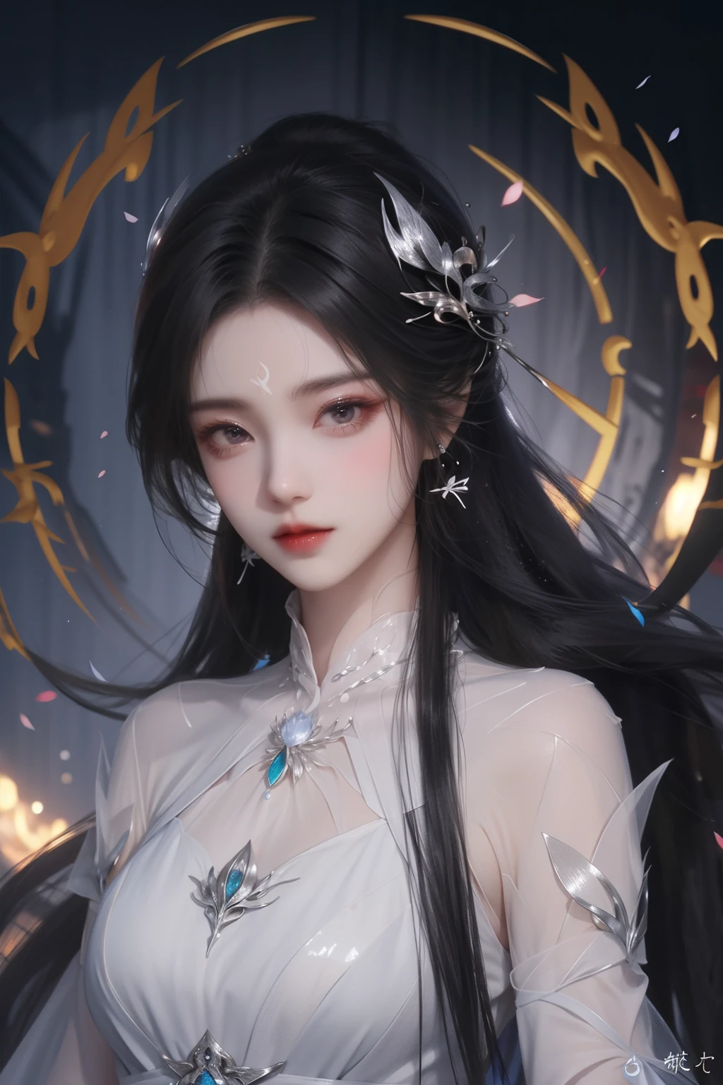 <lora:HrenFanartV2>,
henrendadi,Fanart,1girl,long hair,jewelry,black hair,hair ornament,forehead mark,dress,solo,mask,facial mark,white dress,upper body,earrings,necklace,sash,chinese clothes,expressionless,