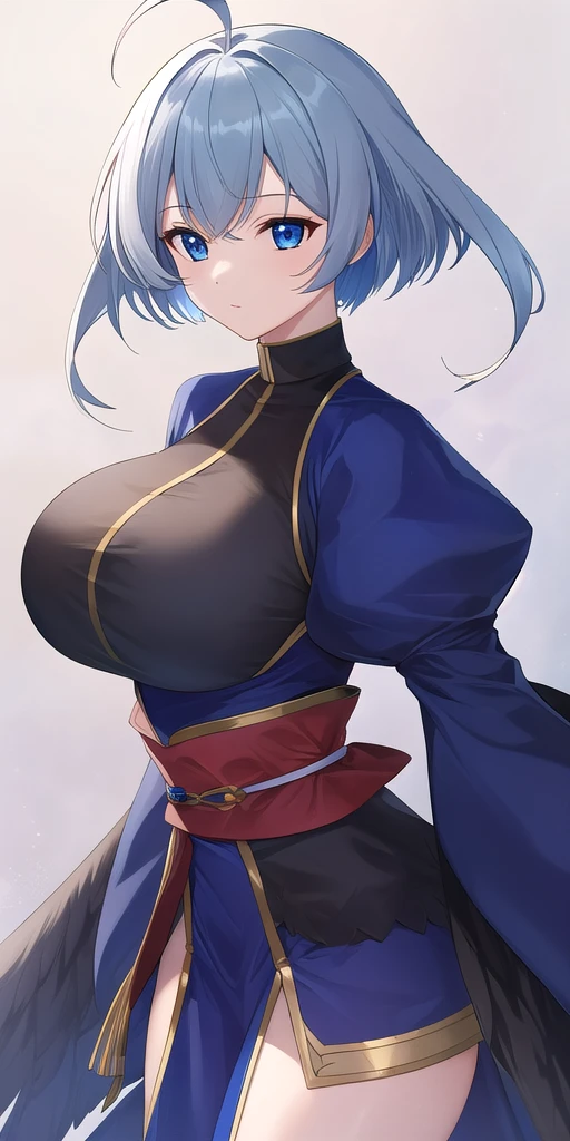 <lora:KamyuV4:.8> Kamyu_short_hair, huge_breasts, standing, solo, Black_china_dress_black_pelvic_curtain_white_overskirt_blue_detached_sleeves_puffy_long_sleeves_blue_sash_thighs, black_angel_wings, masterpiece, best_quality, detailed_face, detailed_eyes, highres, beautiful, detailed, absurdres,