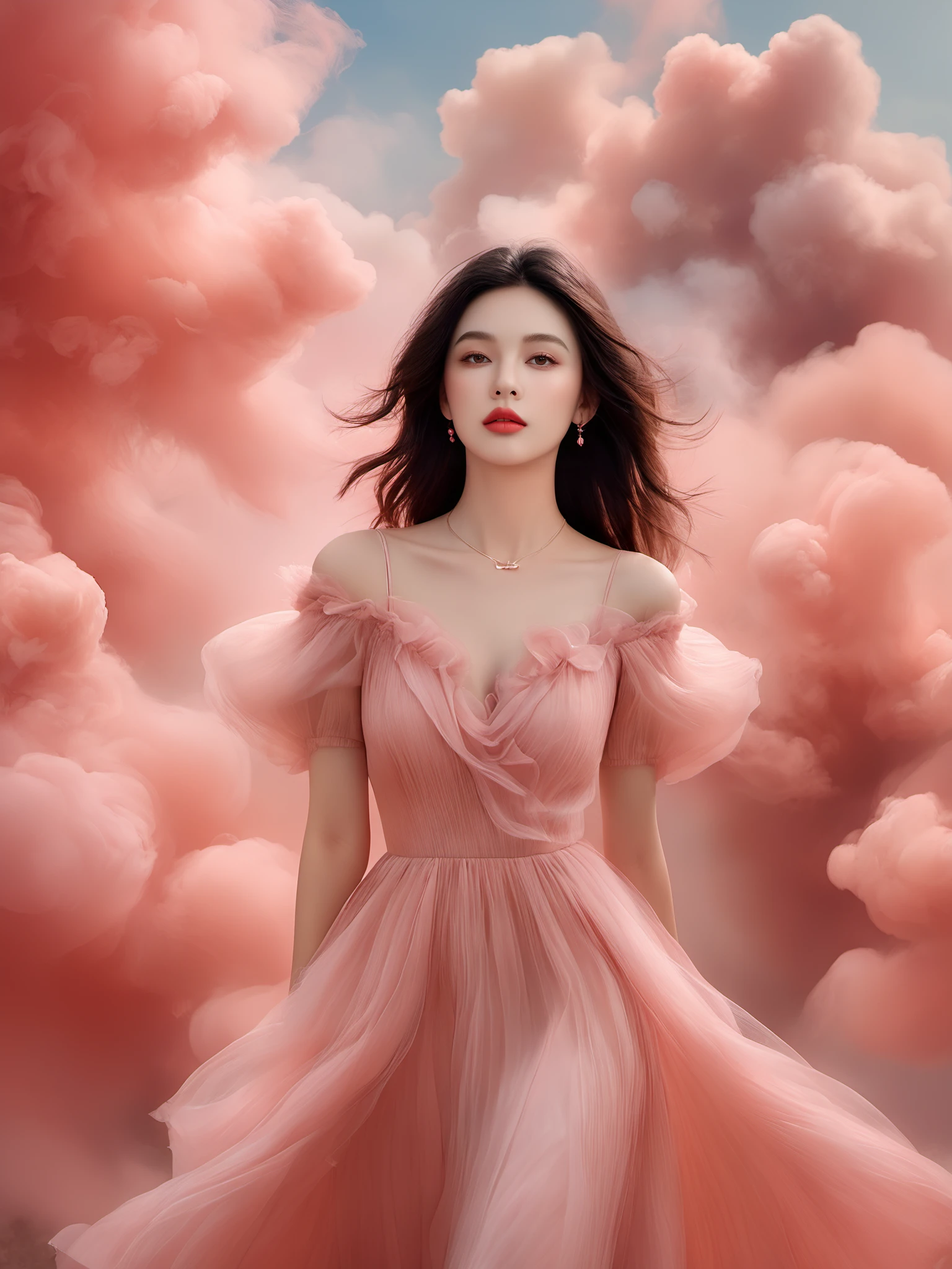 photorealistic,realistic,photography,masterpiece,best quality,ultra-detailed,extremely detailed CG unity 8k wallpaper,a beautiful girl, close mouth, red lips, beautifull face, full body, wearing dress, any pink smoke,cloud,pink dress, over viewer, <lora:JAY PINK CLOUD DRESS XL:0.8>, (best quality:1.3)