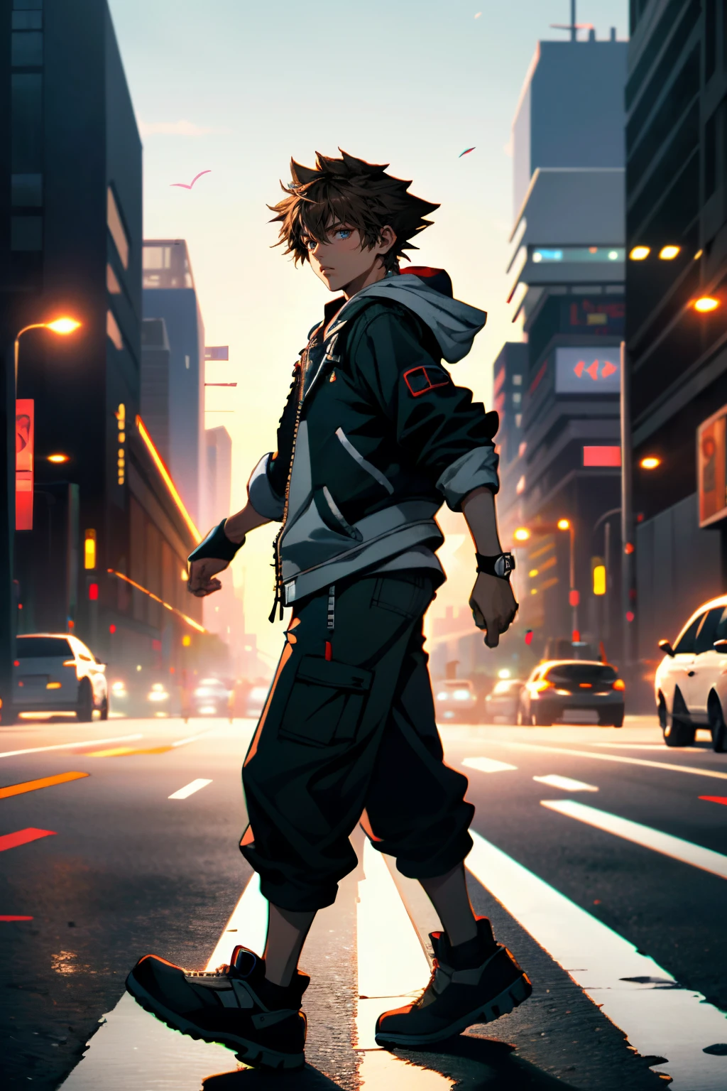 ((ultra detailed, masterpiece, absurdres))
 <lora:KH3Sora:0.8>
KH3Sora, 1boy, brown hair, spiked hair, looking at viewer, striding confidently across a pedestrian crossing, with city traffic blurred in the background