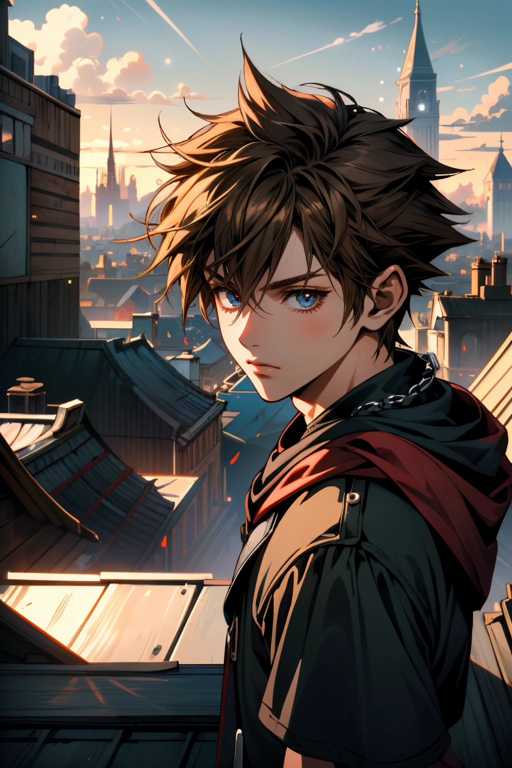 ((ultra detailed, masterpiece, absurdres))
 <lora:KH3Sora:0.8>
KH3Sora, 1boy, brown hair, spiked hair, looking at viewer, posing confidently on a rooftop overlooking a city skyline