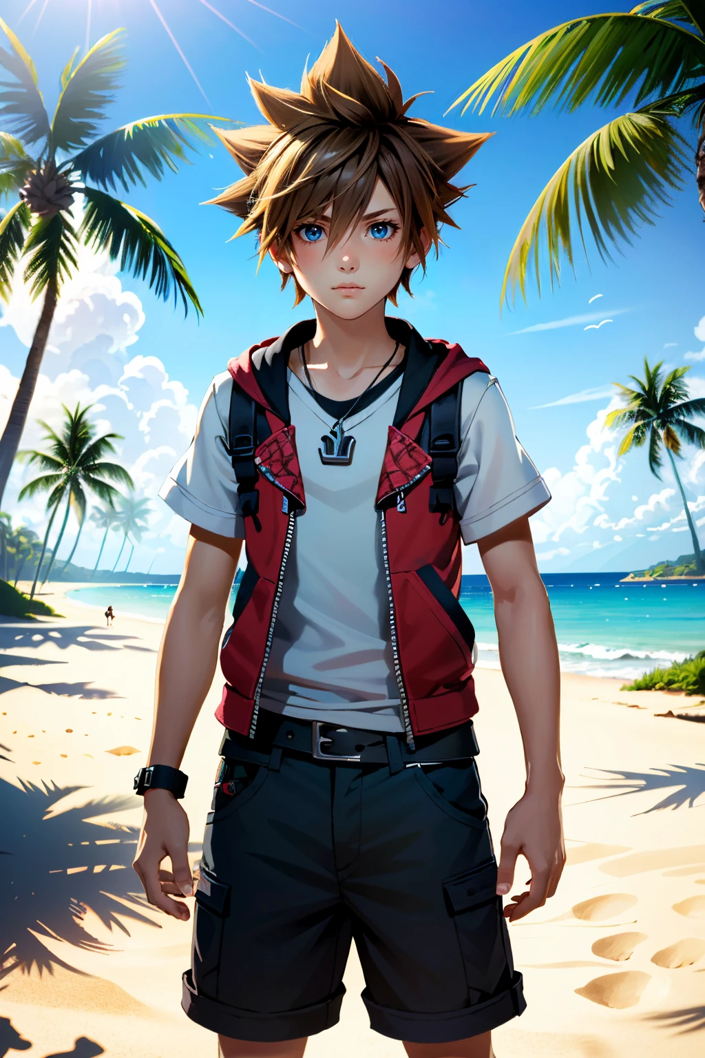 ((ultra detailed, masterpiece, absurdres))
 <lora:KH3Sora:0.8>
KH3Sora, 1boy, brown hair, spiked hair, looking at viewer, at a beach, holding a cocktail, palm trees, sand, ocean