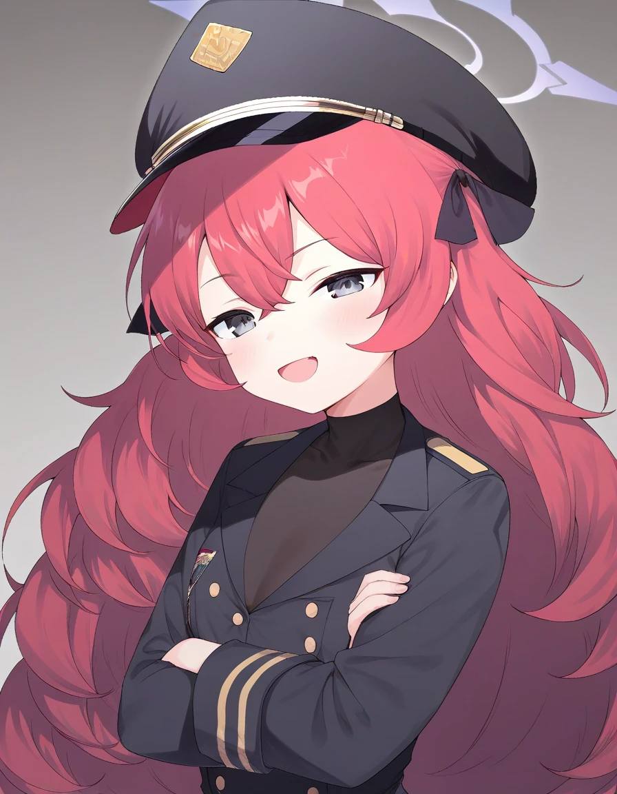 score_9, score_8_up, score_7_up,score_6_up,score_5_up,score_4_up, 1girl, iroha (blue archive), halo, long hair, red hair, peaked cap, smile, grey eyes, black headwear, hair between eyes, jacket, military hat, very long hair, wavy hair, long sleeves, black jacket, crossed bangs, shirt, bangs, from side, half-closed eyes, open mouth, frown, angry, crossed arms,
<lora:aak_style_pony6_v2-000010:1>