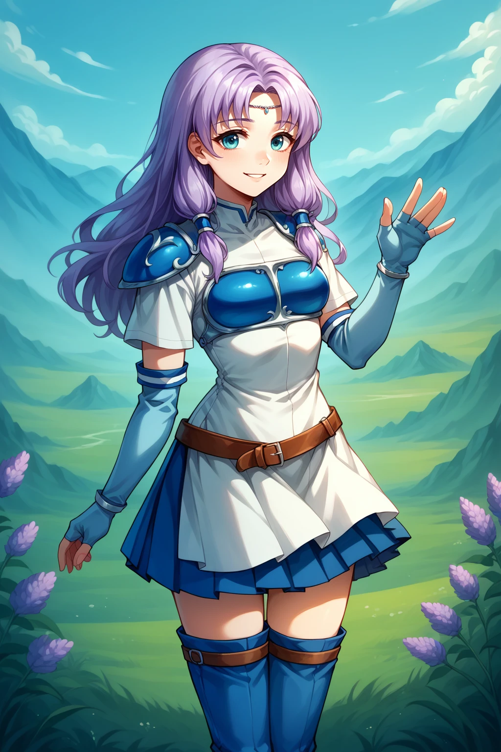 score_9, score_8_up, 1girl, solo <lora:NSFlorinaFE7:1> NSFlorinaFEH, thigh boots, blue footwear, blue skirt, pleated skirt, skirt under dress, belt, short dress, white dress, blue breastplate, blue pauldrons, short sleeves, blue fingerless gloves, elbow gloves, high collar, circlet, parted bangs, long hair, light purple hair, low-tied sidelocks, outdoors, hills, slight smile, waving, pegasus