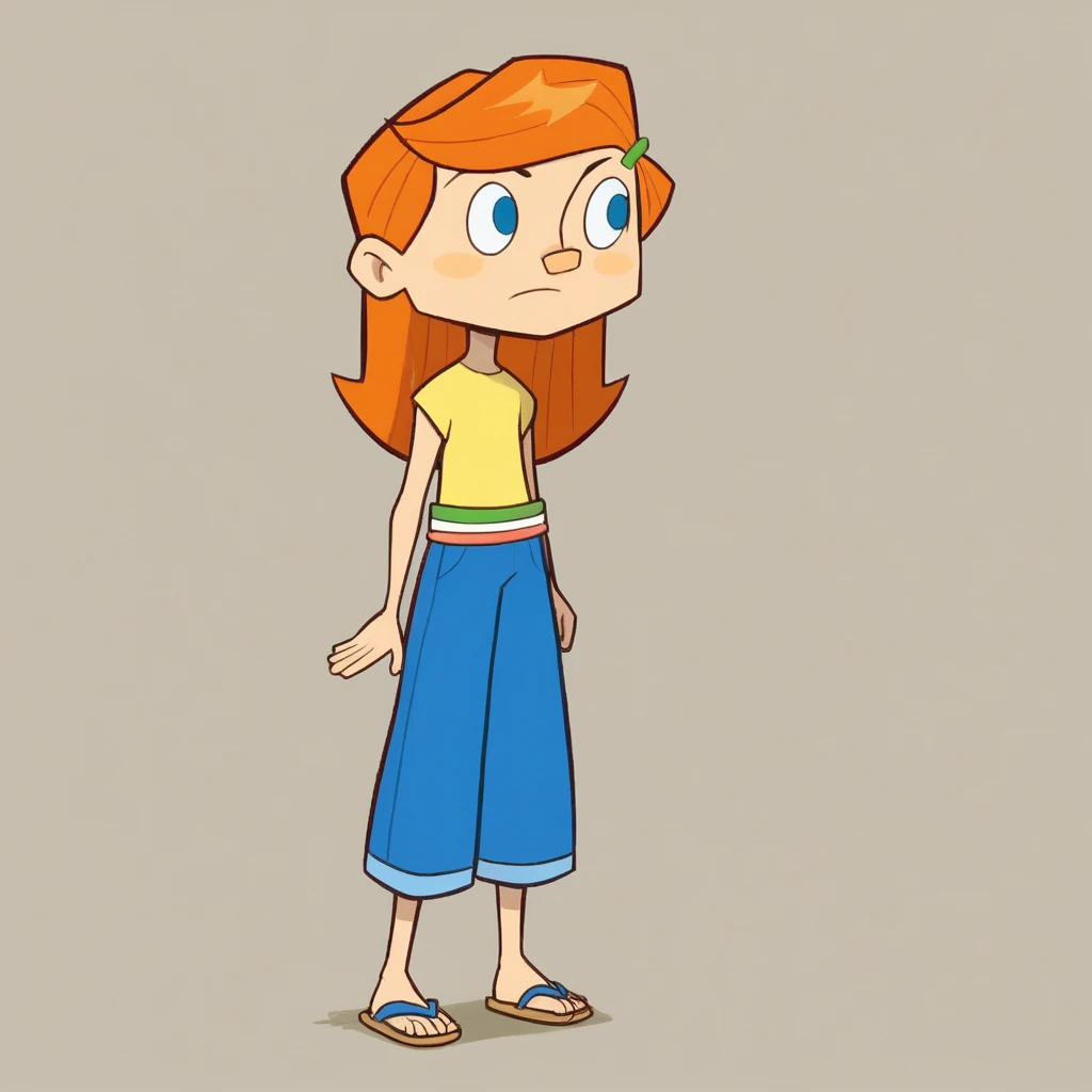 score_7_up, BREAK, Riley,  1girl, solo, orange hair, long hair, blue eyes, hairclip, yellow shirt, blue pants, sandals,  <lora:Riley_TheReplacements_PXL_Leaf1:1>, full body,