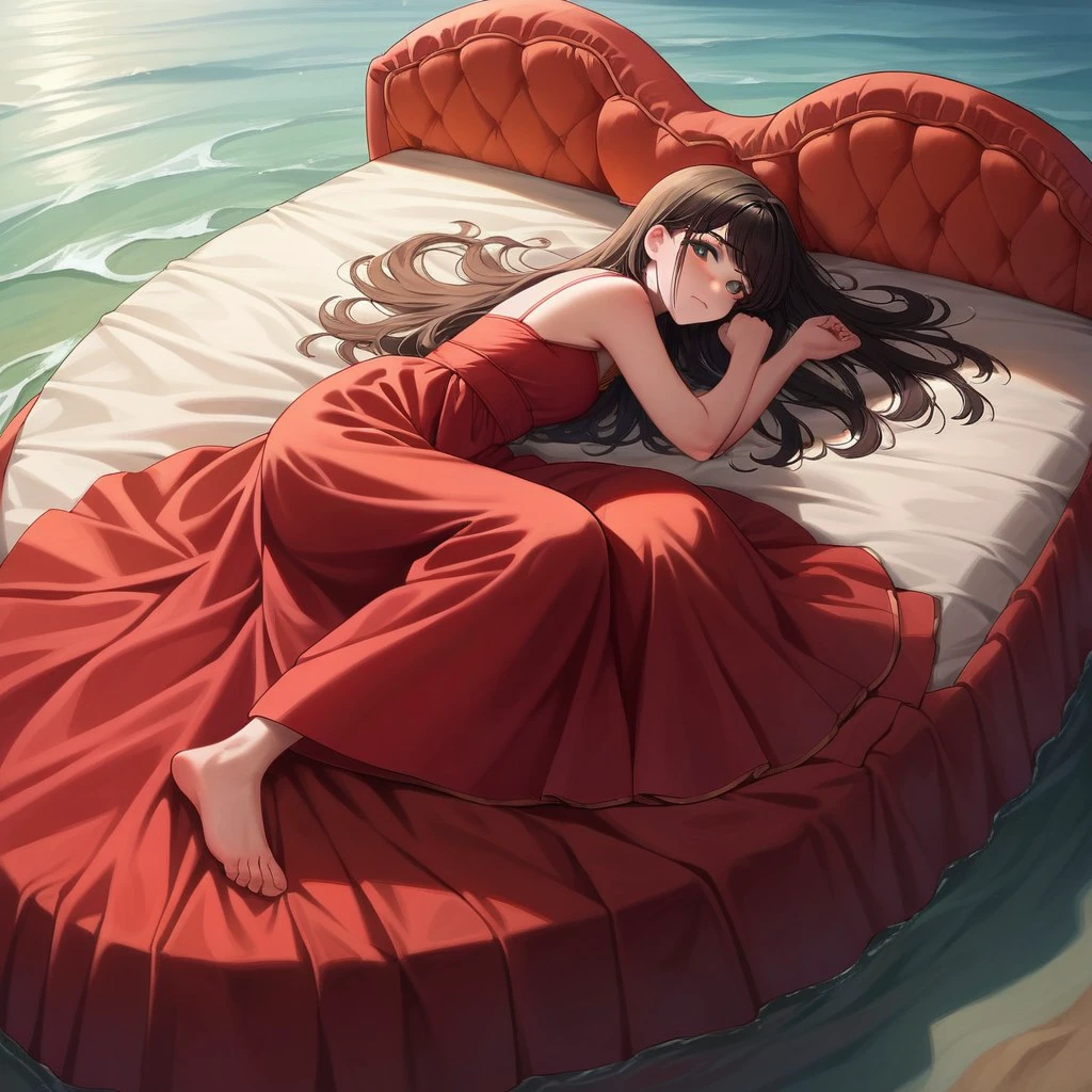 score_9, score_8_up, score_7_up, score_6_up, source_anime, rating_safe, heartbed, lying on side, flowing dress, looking up at you, nervous, detailed background, in the ocean, open water