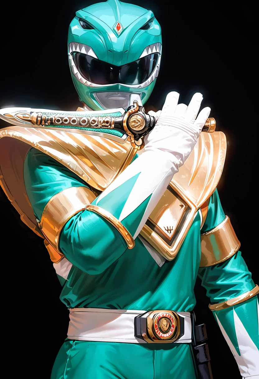 (score_9:0.9),score_8_up,score_7_up,rating_safe,anime style,(zPDXL),<lora:Green Ranger ponyXL v4:0.85>,green power ranger,green motorcycle helmet,green bodysuit,white gloves,1boy,male focus,solo,weapon,black background,dagger,holding dagger,