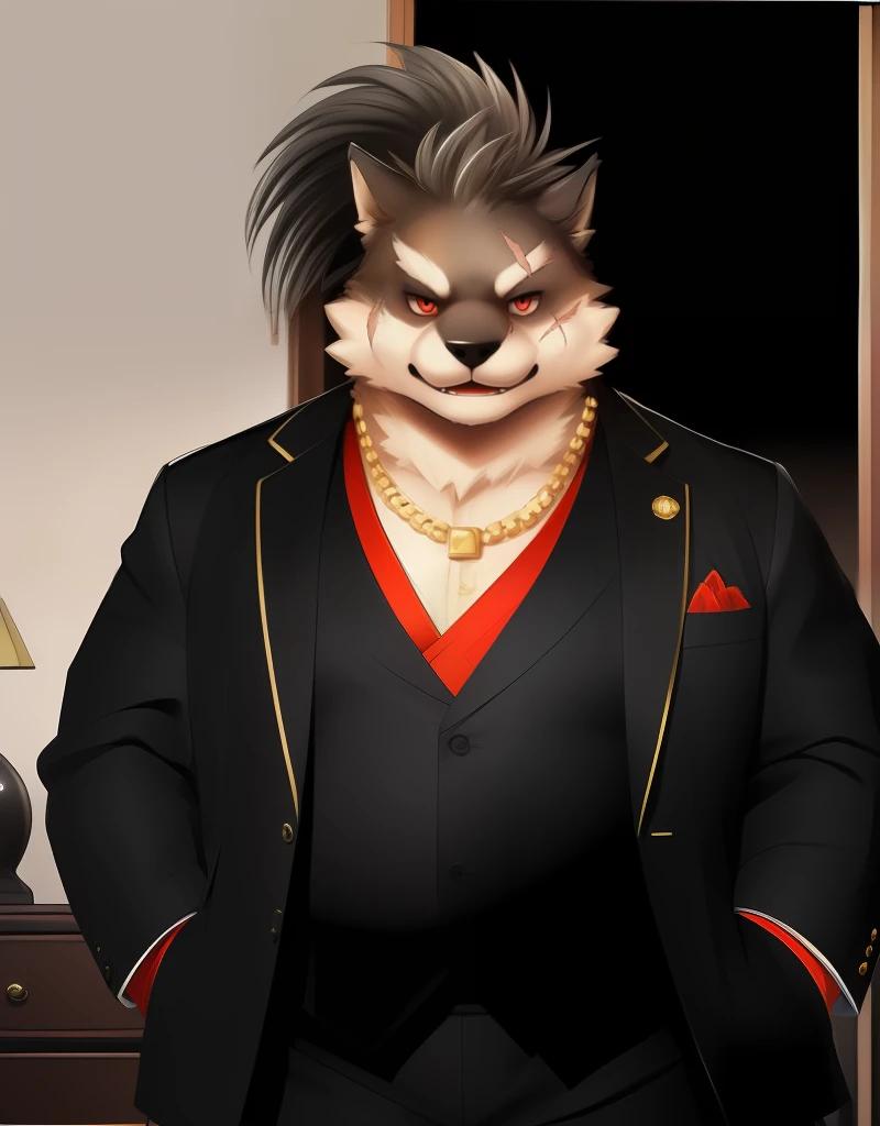 (((detailed eyes, detailed face))), (furry, shino  <lora:character_shino_findigo_v2:1>, two-tone fur, ponytail, dog boy, one eye covered, scar, tattoo on hand, red sclera), male, (solo), (plump, fat, chubby, overweight), (black suit, gold necklace, red shirt), standing, (arms behind back), smile, (front view) BREAK (konzaburou, ukan_muri), bedroom, (flat shading, high brightness), 8k, UHD, masterpiece, (full body), (scar on face, scar on cheek, scar on chest, scar on arm, scar on nose)