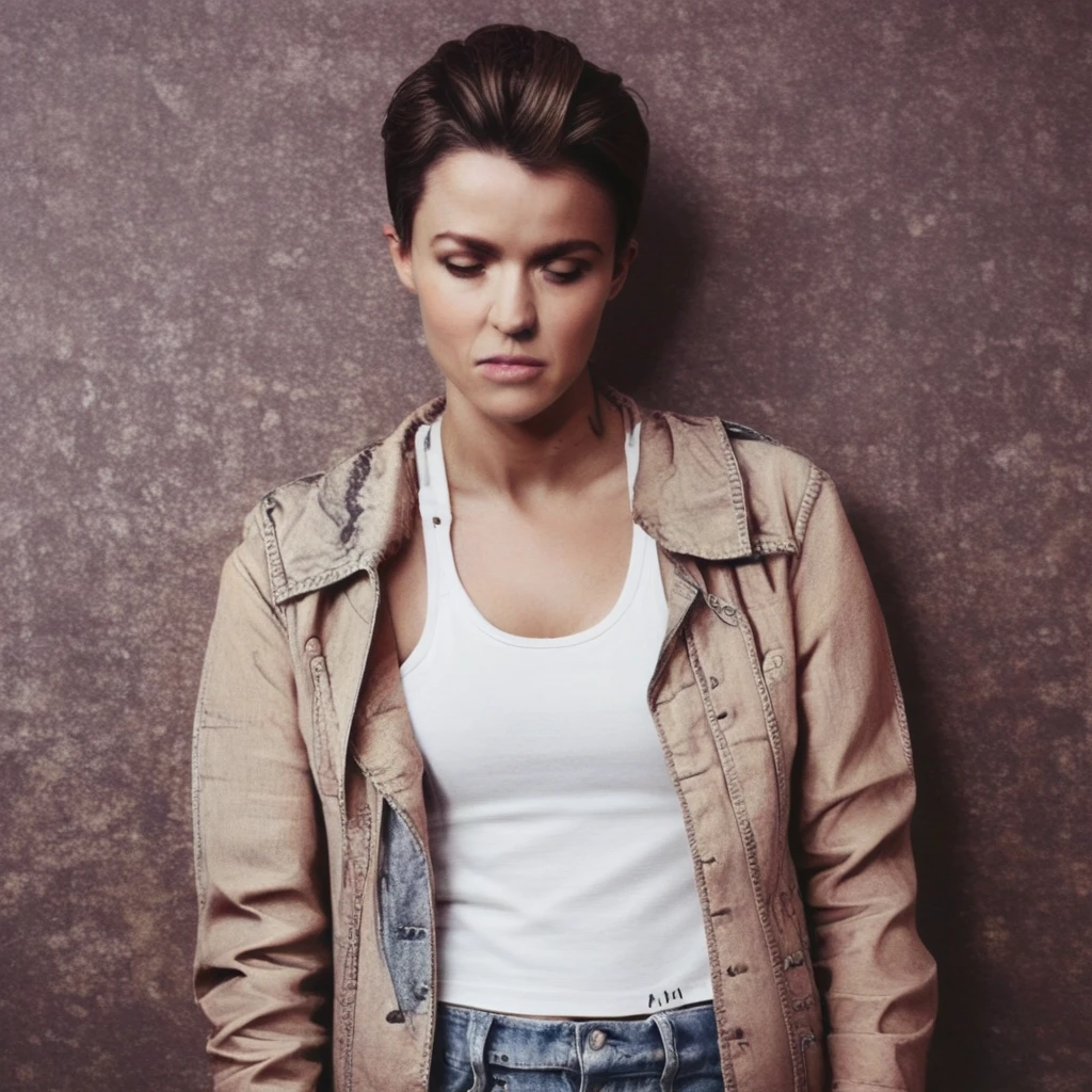 Real, photorealism, cinematic, rub_r0s, very short hair, brown hair, tank top, denim jacket, closeup