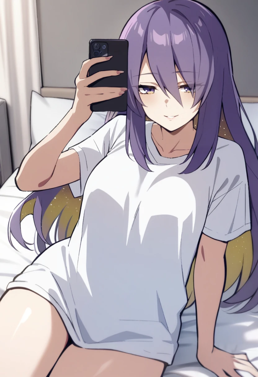 1girl, moona hoshinova,
long hair, purple hair, purple eyes, multicolored hair, white shirt, t-shirt, seductive smile, oversized clothes, 
on bed, on back,  selfie, 
masterpiece, best quality,