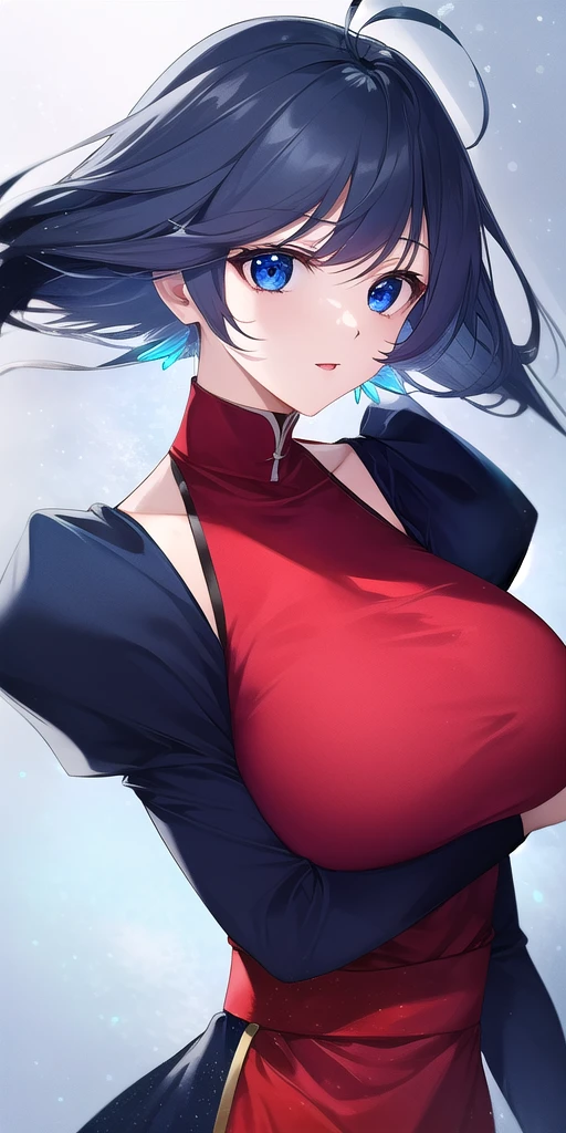 <lora:KamyuV5:.8> Kamyu_short_hair, huge_breasts, standing, solo, red_dress, masterpiece, best_quality, detailed_face, detailed_eyes, highres, beautiful, detailed, absurdres,