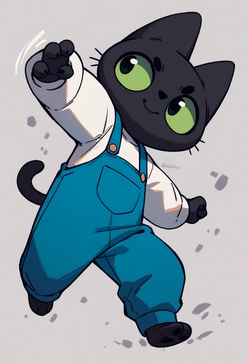 score_9, score_8_up, score_7_up, score_6_up, score_9, rating_safe,
Benchik, black cat, green eyes, white shirt, blue overalls, action pose,
digital art, high quality,
school class, smile,
cartoon