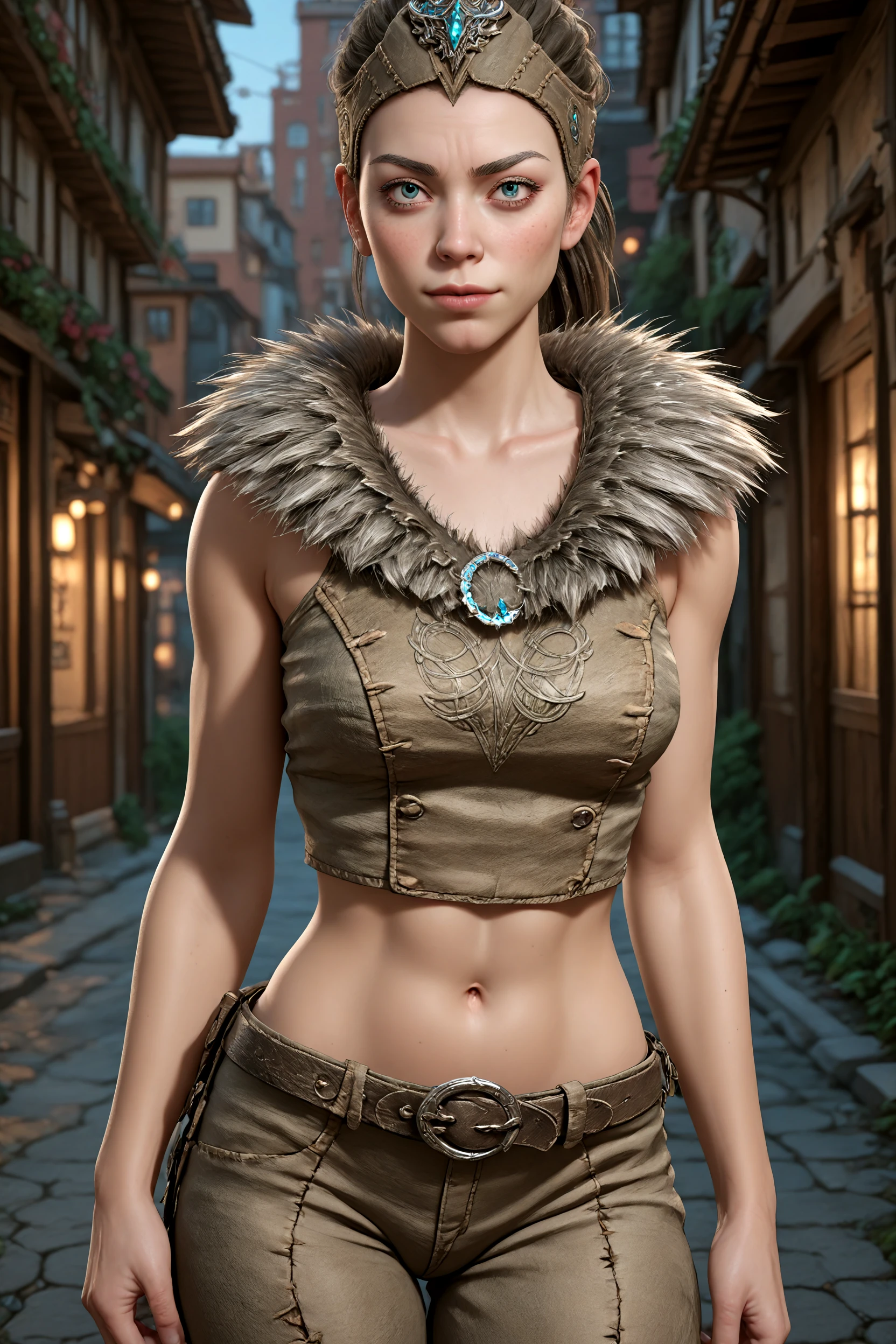 1 girl, <lora:senua_lora:0.8> senua,brown hair, ponytail, long hair,fur trim,belt,pants,micro skirt, midriff abs,smirk, <lora:detailed_notrigger:1> zPDXL2, PonyXLV6_Scores, <lora:Hyper-SDXL-8steps-lora:1>