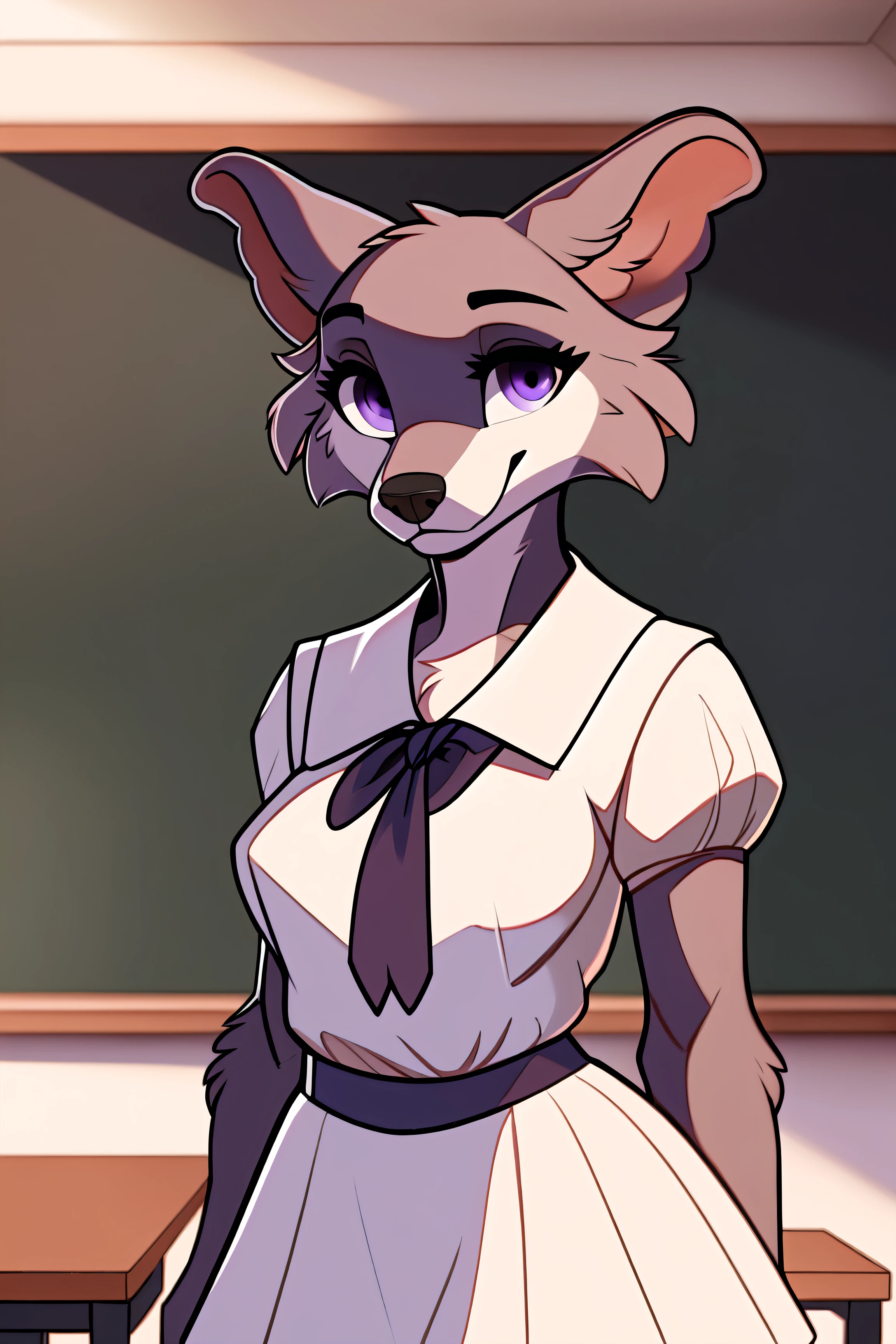 azoomer,anthro,wolf,purple eyes,detailed,seductive,bedroom eyes,juno,sailor uniform,classroom,dawn,blackboard,standing,stylish pose,furry,bust portrait,short ears,<lora:juno-v2-novelai-dim128:0.8>,<lora:Azoomer V3:0.8>,front view,