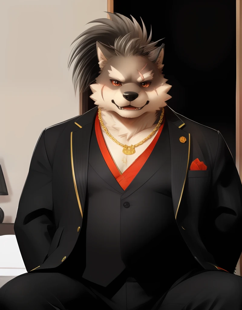 (((detailed eyes, detailed face))), (furry, shino  <lora:character_shino_findigo_v2:1>, two-tone fur, ponytail, dog boy, one eye covered, scar, tattoo on hand, red sclera), male, (solo), (plump, fat, chubby, overweight), (black suit, gold necklace, red shirt), sitting, (arms behind back), smile, (front view) BREAK (konzaburou, ukan_muri), bedroom, (flat shading, high brightness), 8k, UHD, masterpiece, (full body), (scar on face, scar on cheek, scar on chest, scar on arm, scar on nose)