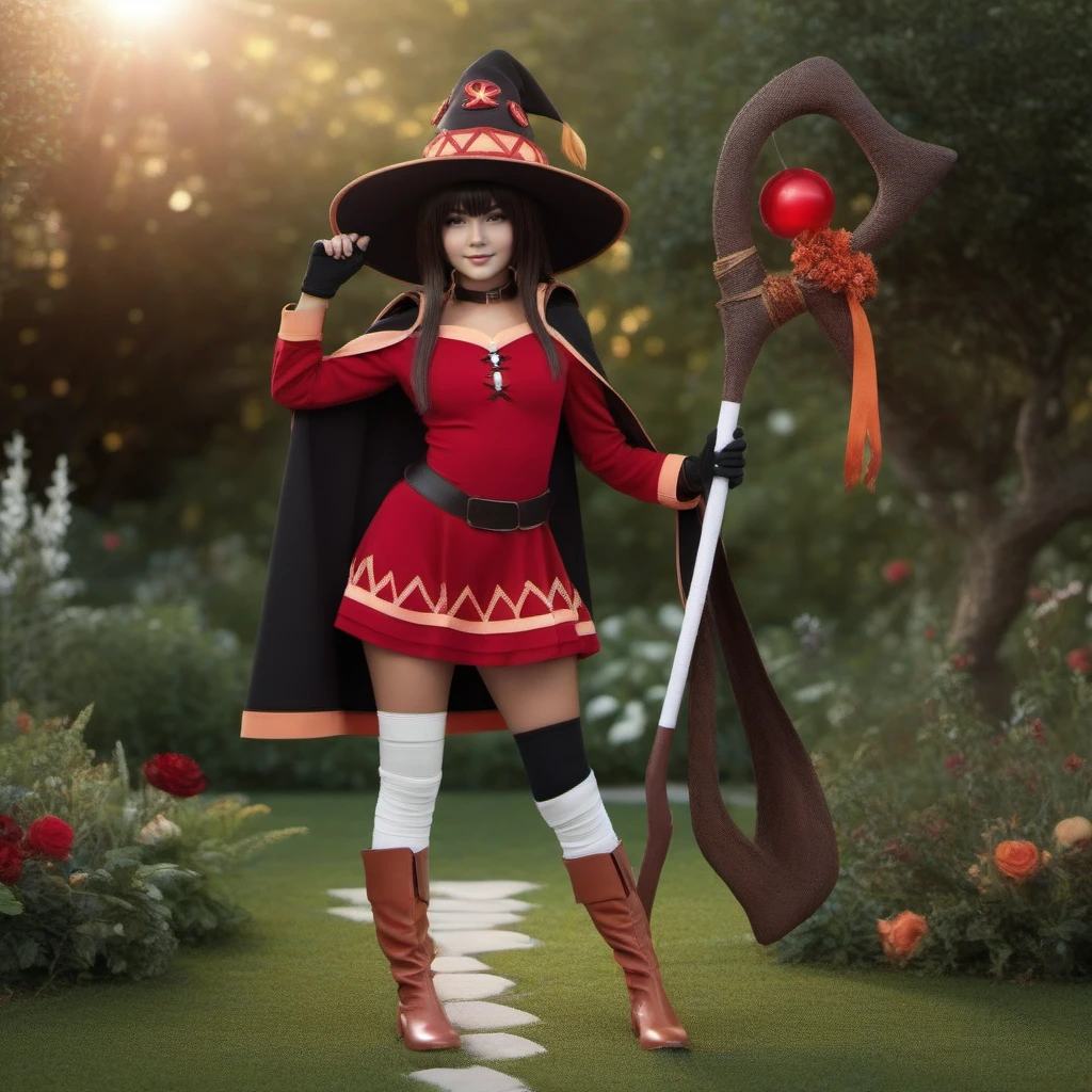 professional 3d model full body portrait 1girl, witch hat,  blush, thighhighs, staff, fingerless gloves, bandaged leg, red dress, thighhighs, in a garden <lora:Megumin1024:0.8> . octane render, highly detailed, volumetric, dramatic lighting