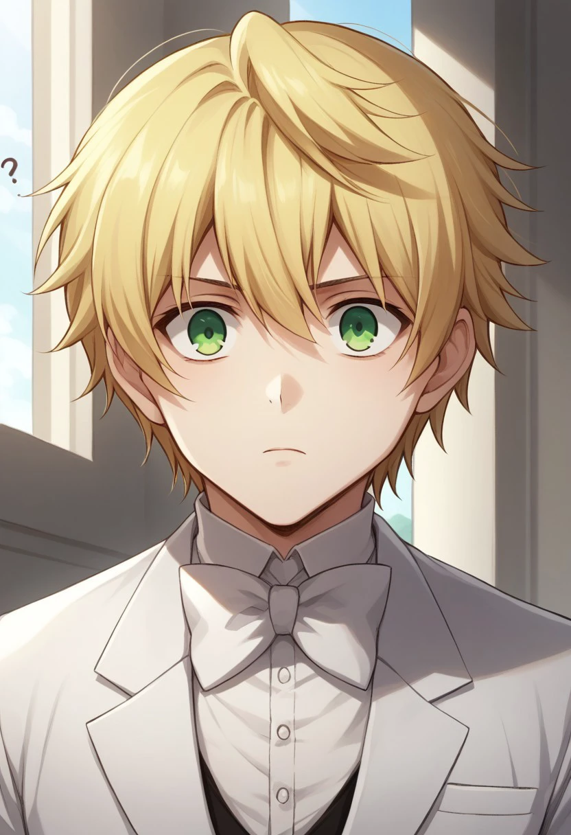 score_9, score_8_up, source_anime, highly detailed, 
oz, 1boy, ?, male focus, blonde hair, green eyes, solo, formal, bow, suit, bowtie,
looking at viewer, confused, upper body,
indoor, mansion,