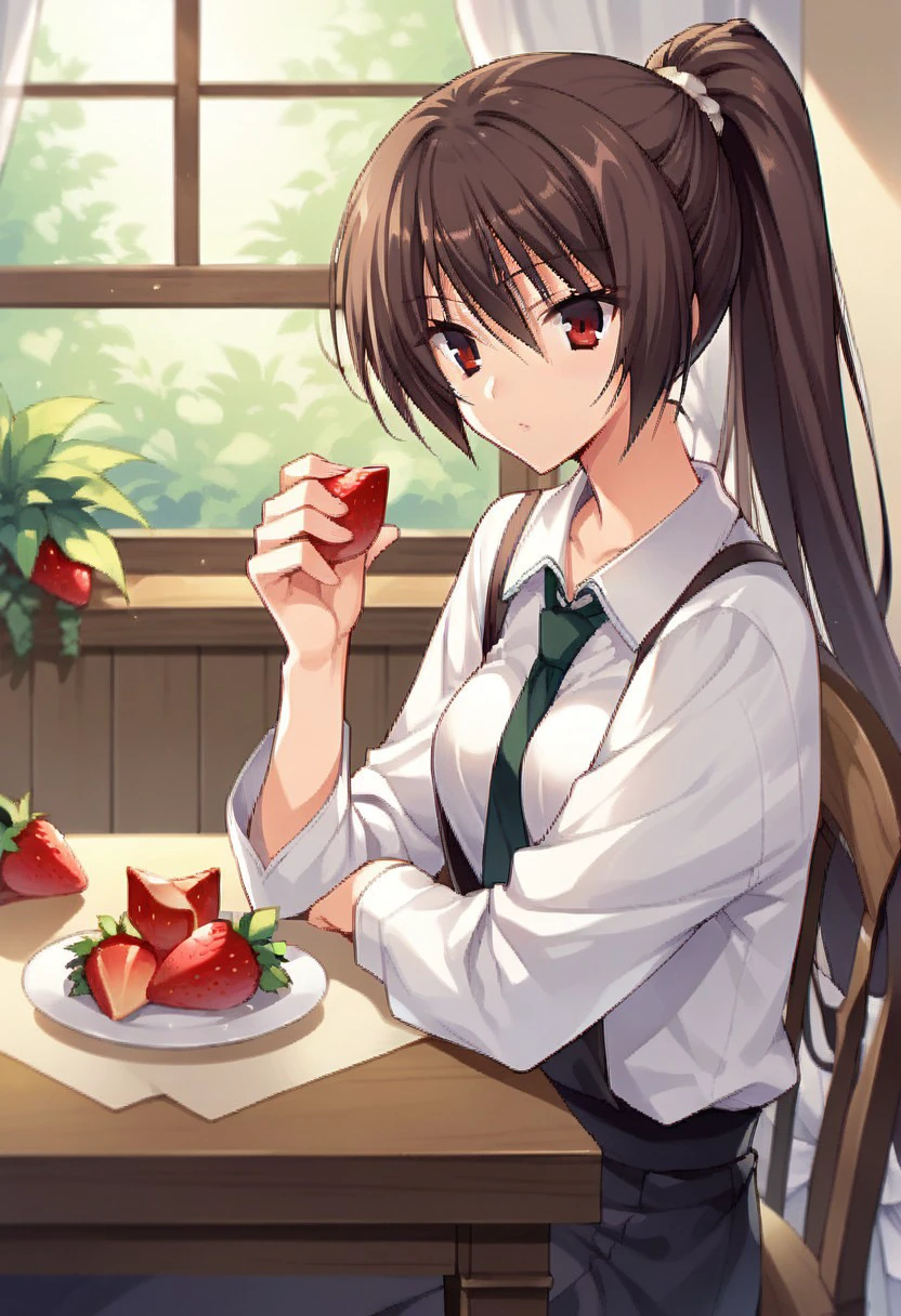 score_9, score_8_up, score_7_up, source_anime,unohana no sakuya hime, long hair, brown hair, red eyes, 1girl, ponytail, solo, food, table, sitting, fruit, chair, strawberry