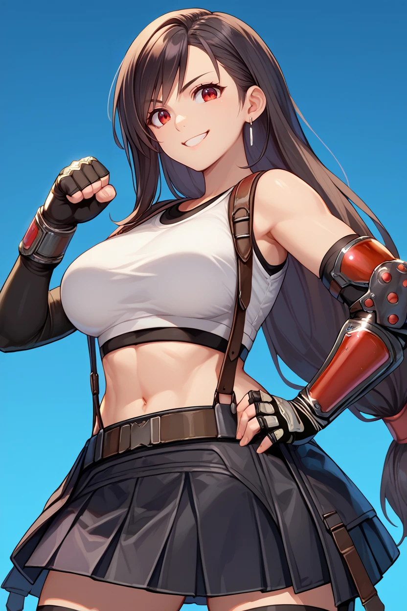 score_9, score_8_up, score_7_up, score_6_up, source_anime, 1girl, solo, <lora:tifa-pdxl-nvwls-v1-000005:1> 7rtif, red eyes, low-tied long hair, black hair, earrings, sports bra, black suspenders, pleated miniskirt, black thighhighs, arm guards, elbow gloves, fingerless gloves, large breasts, upper body, gradient background, blue background, looking at you, smile, hand on hip, upper body, clenched hand, happy, from below