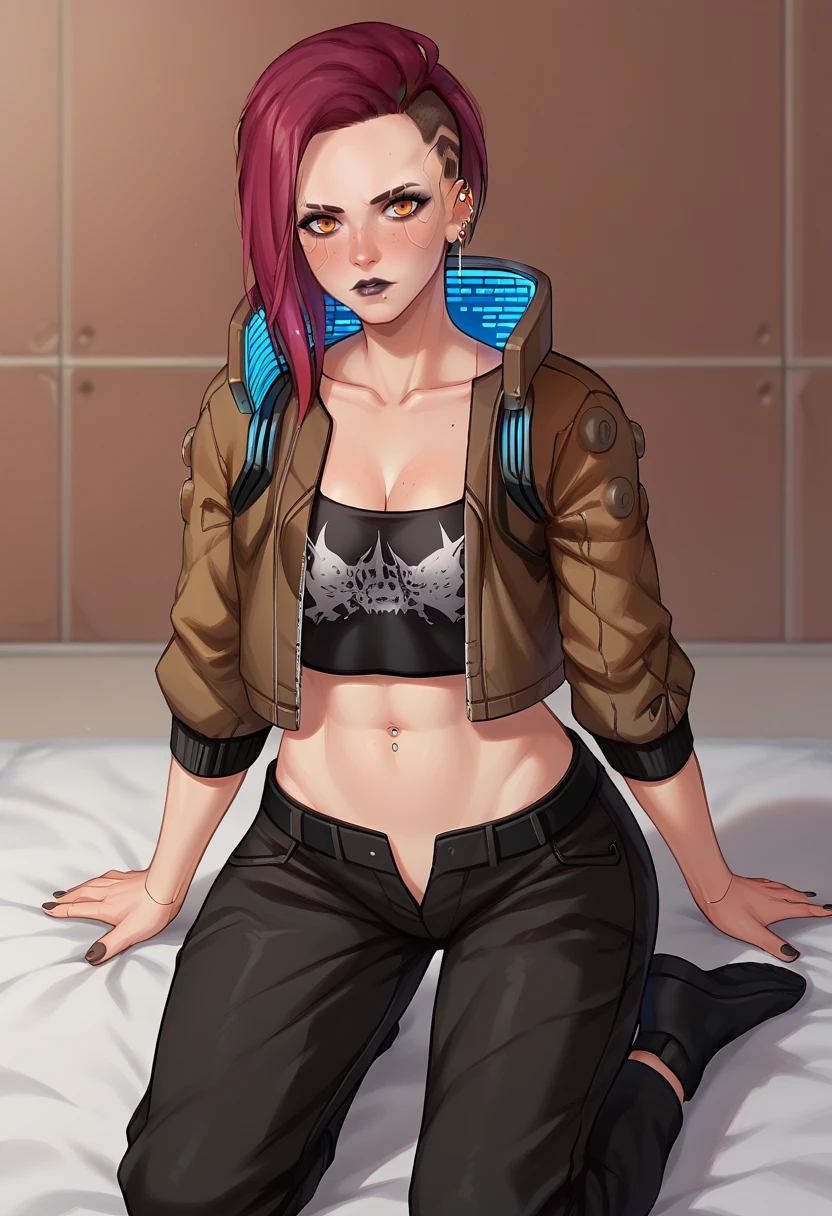 score_9,score_8_up,score_7_up BREAK <lora:V:1>,Vcyberpunk,1girl,solo,looking at viewer,navel,cleavage,jewelry,collarbone,jacket,red hair,earrings,open clothes,midriff,mole,open jacket,crop top,orange eyes,makeup,piercing,black pants,ear piercing,colored sclera,freckles,brown jacket,black lips,lip piercing,eyebrow cut,cowboy shot,room,room background,kneeling,