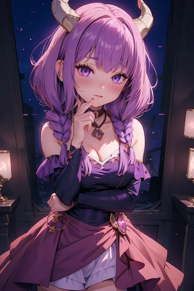 (FBJE_Aura), 1girl, solo, looking at viewer, twin braids, purple hair, breasts, choker, Long bob cut, bangs, blush, demon horns, purple eyes, black ruffled dress,