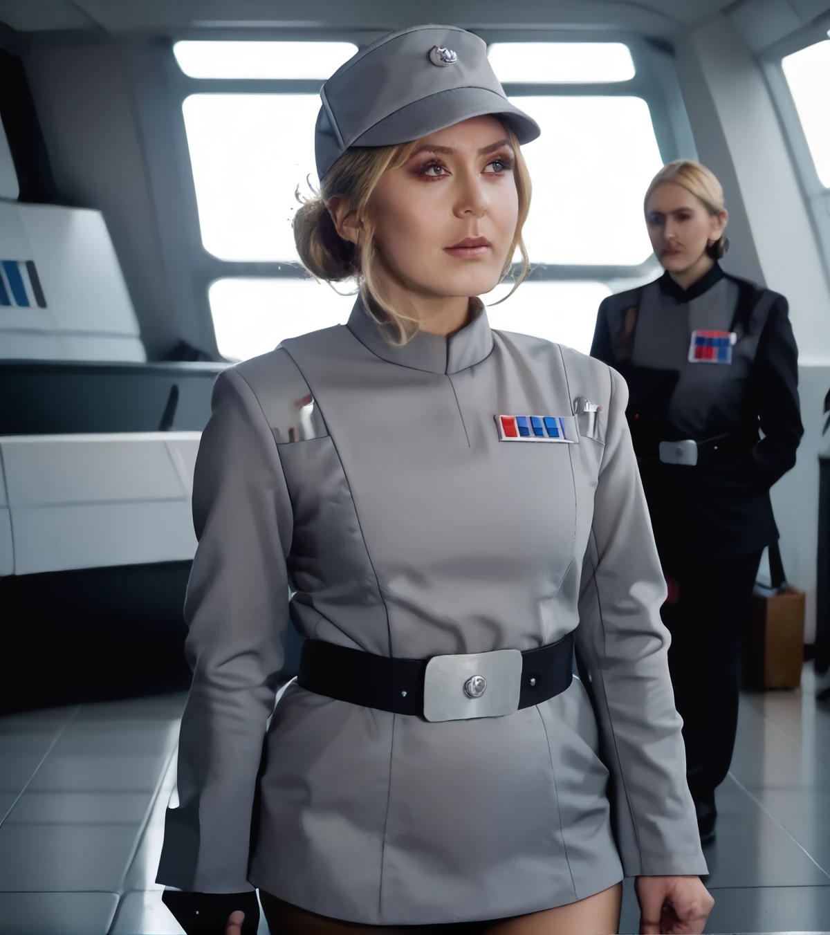 source_9,      <lora:Imperial_Uniform_Star_Wars:1> Imperial Uniform, grey Uniform,  , cowboy shot, <lora:Jessica_Nigri_Cosplayer:1> Jessica Nigri, hair bun, cap, blonde hair,