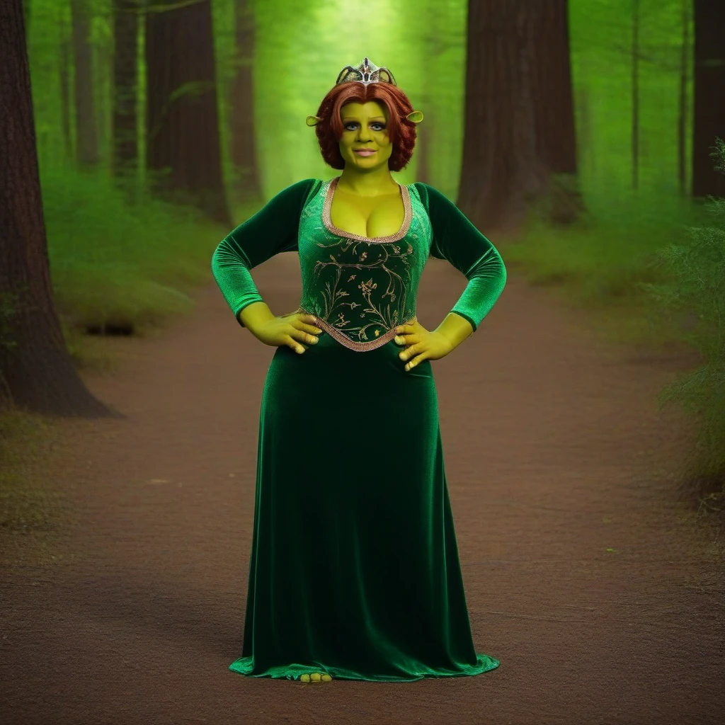 cinematic photo a full body portrait of green ogre woman wearing a necklace and a tiara on their head, ((green skin)), green hands, green feet, long dress, cleavage, large breast, bare feet,  in the forest <lora:Fiona1024:0.8> . 35mm photograph, film, bokeh, professional, 4k, highly detailed