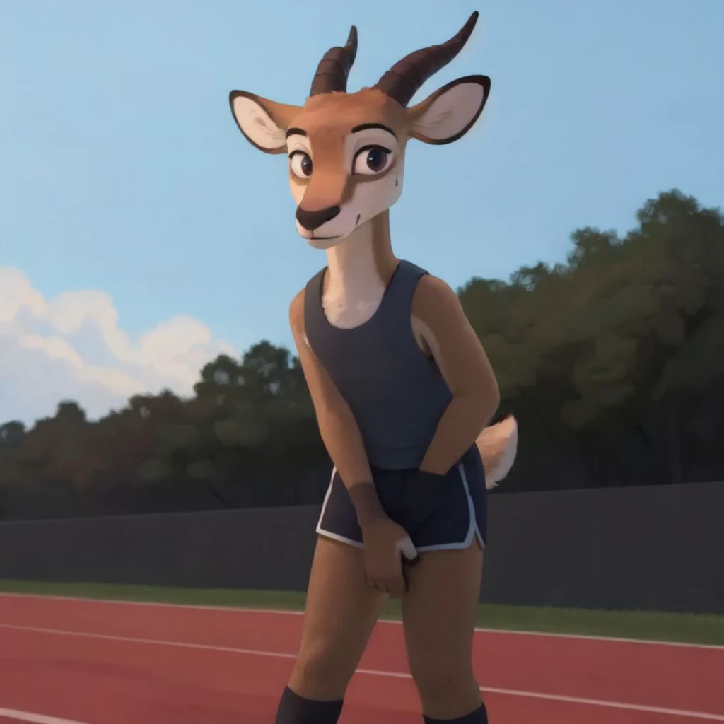 <lora:Antlerson:0.7>, pronk, antelope,  portrait, male, track field, short shorts,tank top, deer tail, hands on knees:1.2, bent over, sweatdrop, standing, looking at viewer, digital art, 2d, trees,
 <lora:CartoonCraftLora_V1:1>