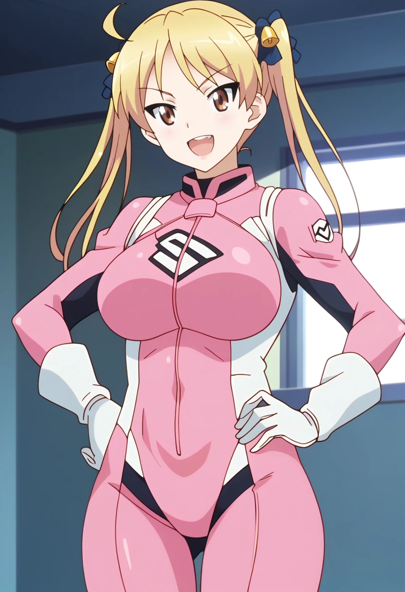 score_9, score_8_up, score_7_up, hd, (ultra hd quality details), indoors, source_anime,
solo, 1girl, suzunokirinb, twintails, hair bell, large breasts, anime screencap, 
bikersuit, pink bodysuit, white gloves, 
looking at viewer, smile, open mouth,
hand on hip, standing,
<lora:_suzunoki_rin-elesico-pony-v1-08:0.9>