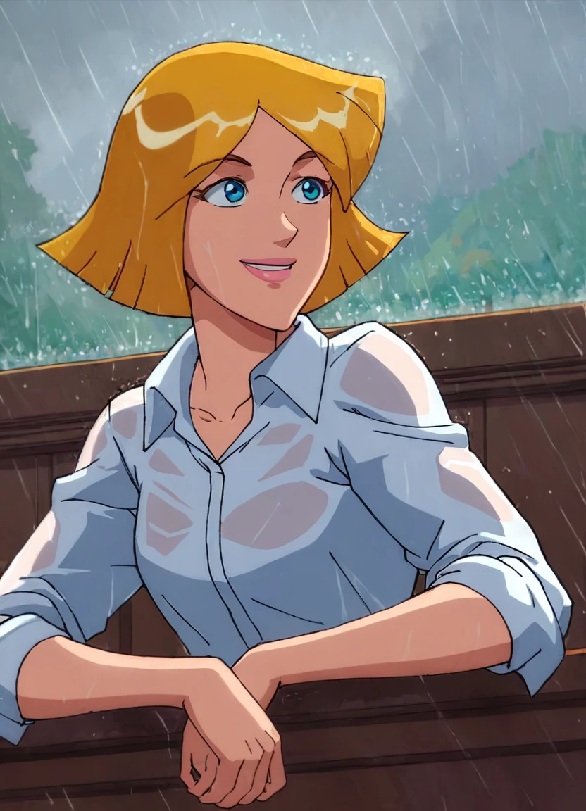 score_9, score_8_up, score_7_up, tsclover, girl, solo, short hair, blonde hair, collared shirt, smile, rain
