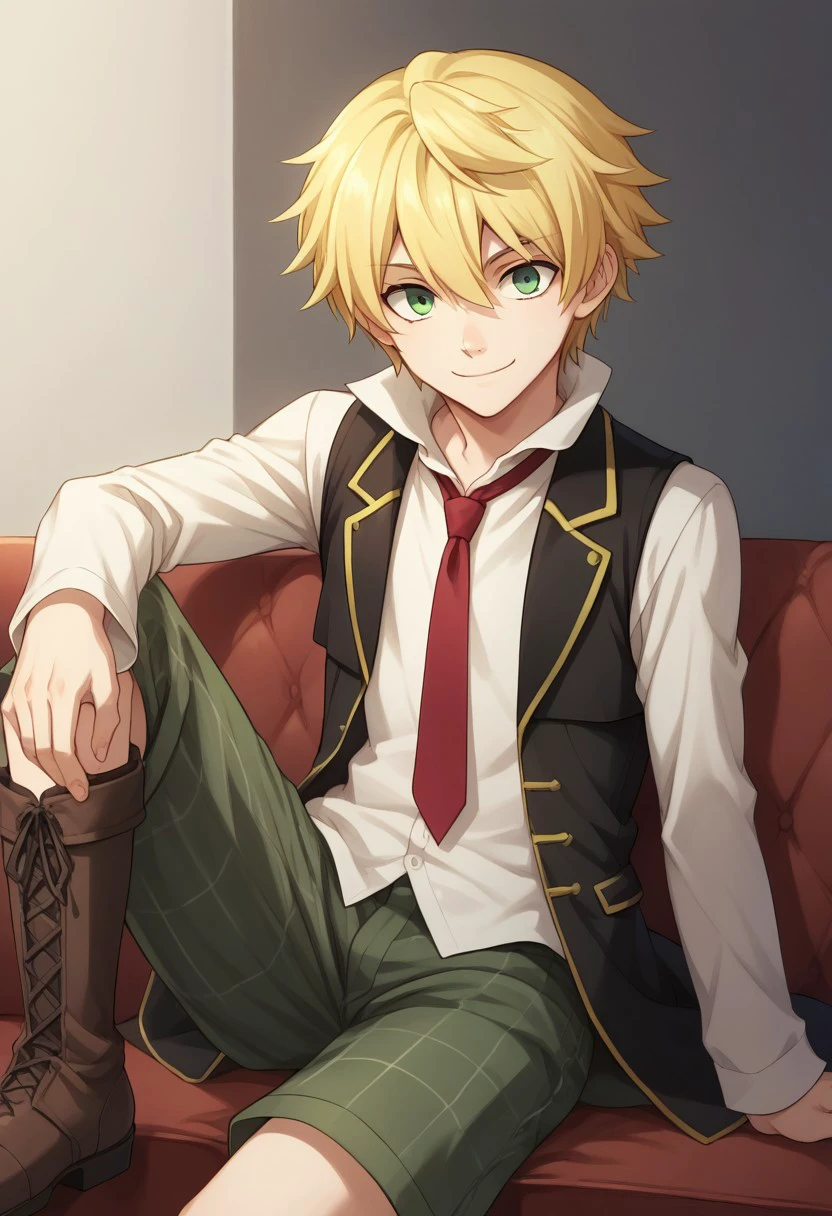 score_9, score_8_up, source_anime, highly detailed, 
oz, 1boy, blonde hair, male focus, green eyes, necktie, shorts, boots, smile, vest,
solo, shirt, white shirt, collared shirt,
indoor, sit, sofa,