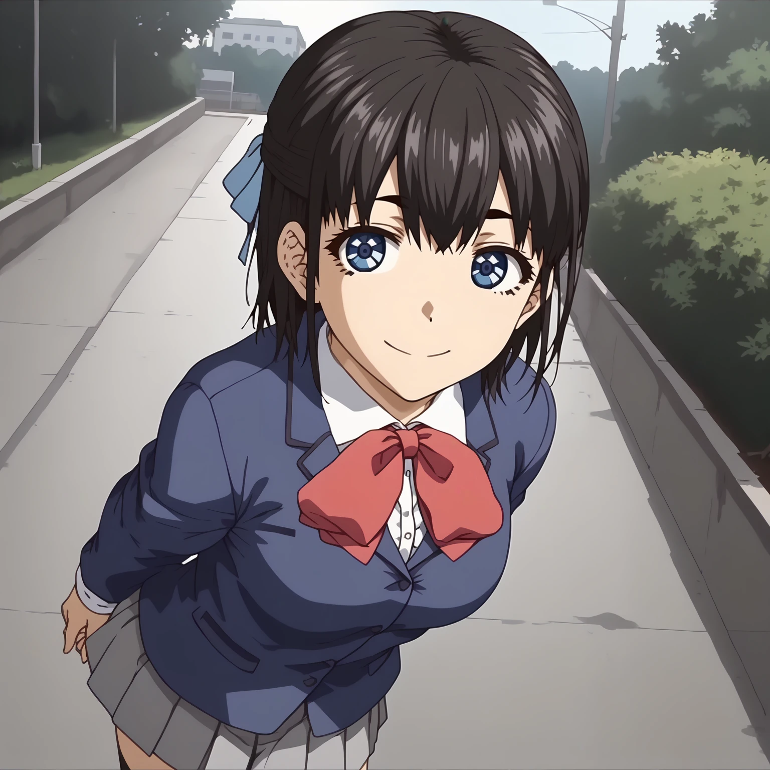 <lora:AwanoHarueXLpony001>,
smile,
solo,
AwanoHarue,1girl,black hair,medium hair,half updo,hair ribbon,blue eyes,
school_uniform,blue jacket,red bowtie,
pleated_skirt,gray skirt,
black socks,
outdoors,
full body,standing,