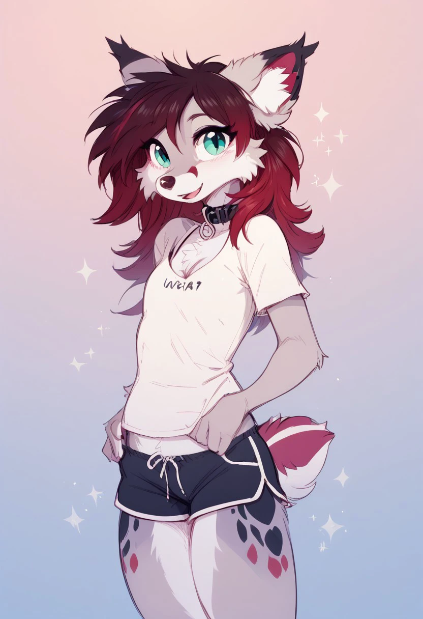 score_6_up, score_5_up, score_4_up, 1girl, sawybat, green eyes, cat eyes, spotted fur, red gradient hair, fox, furry female, short tail, flat chest, collar, anthro, crop short t-shirt, dolphin shorts, simple background, abstract background, posing, cute, best legs, beautiful legs, breasts together, smile, open mouth, cleavage, medium breasts, sexy legs, happy, adorable, sexy, beautiful, highly detailed, masterpiece, 4k, quality art, digital art, zPDXL2,