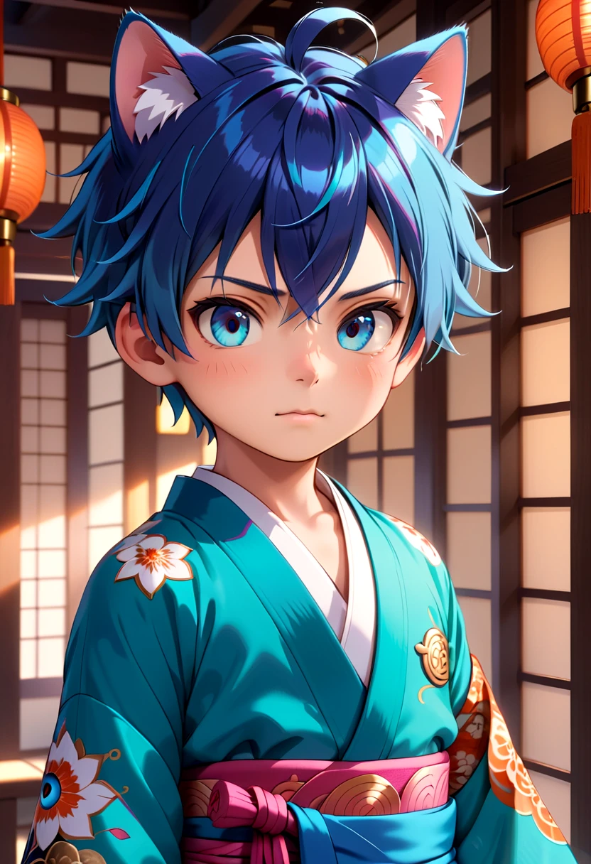 straight on shot, standing,detailed eyes, village,
 <lora:cutifiedanimecharacterdesign_variant_type_G_SDXL_v10:0.7>, 1boy, type-g, cat boy, blue hair, Kimono, long pants, 
(masterpiece:1.2), best quality, high resolution, unity 8k wallpaper, (illustration:0.8), (beautiful detailed eyes:1.6), extremely detailed face, perfect lighting, extremely detailed CG, (perfect anatomy),
 <lora:age_slider_v4:1.2>