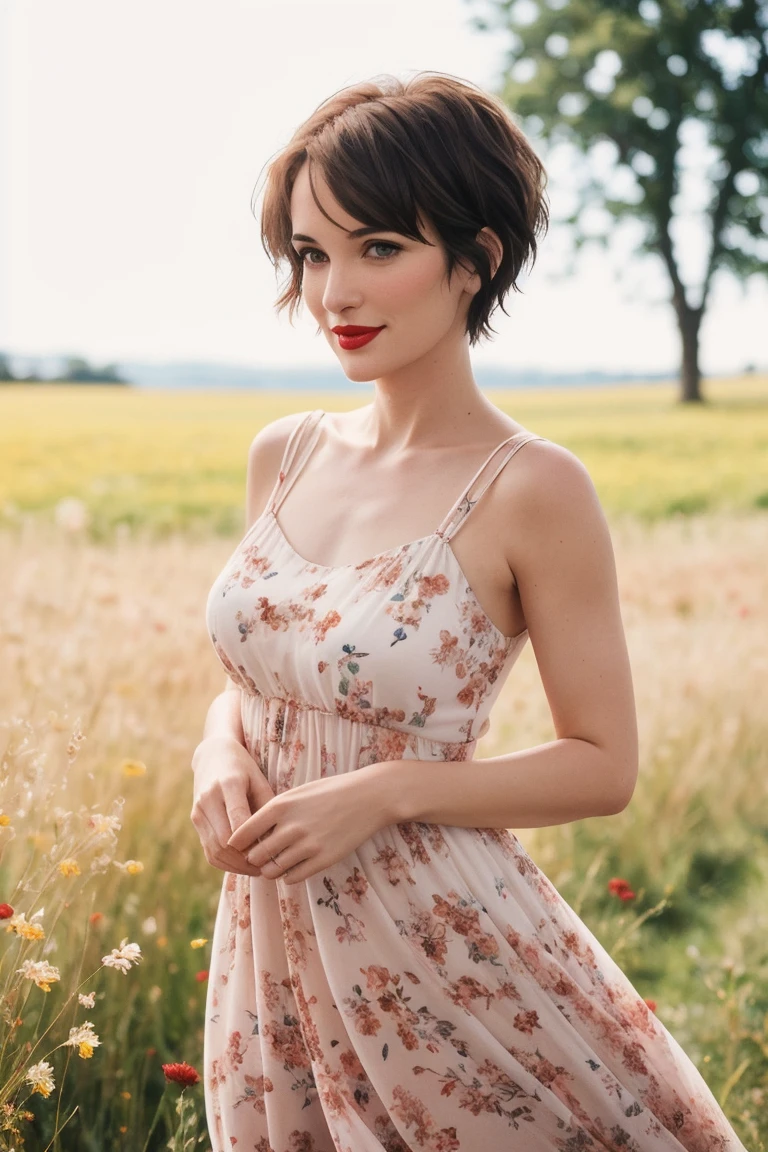 winona-466, ((detailed eyes, beautiful eyes, detailed face, beautiful face):1.2), ((red lipstick, blush, pale skin)), 
 ,photo of a woman, RAW, ((beautiful floral print sundress)),((short hair, pixie cut)), ((outdoors, gorgeous meadow, walking)), 8k uhd, dslr, soft lighting, high quality, film grain, Fujifilm XT3 sharp focus, f 5.6,slight smile