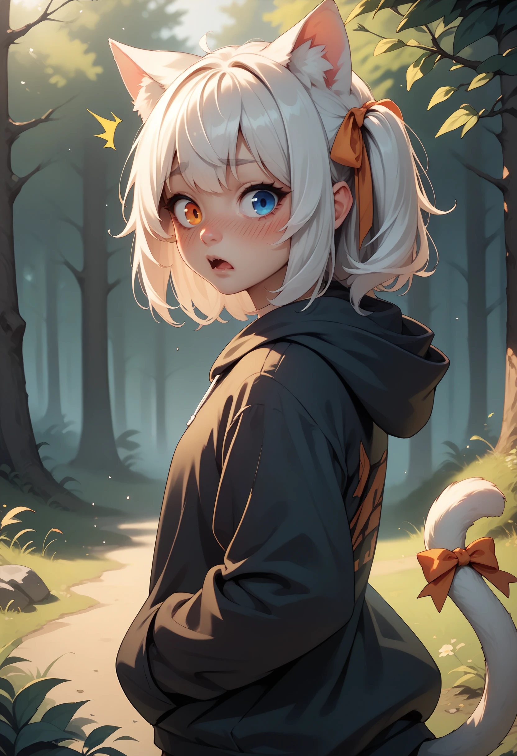 score_9,score_8_up,score_7_up, 1girl, animal ears, cat girl, hoodie, forest, from side, surprised, embarrassed, tail, white hair, blue eyes, orange eyes, heterochromia, tail ribbon, hair ribbon, looking at viewer, blush, hair tail